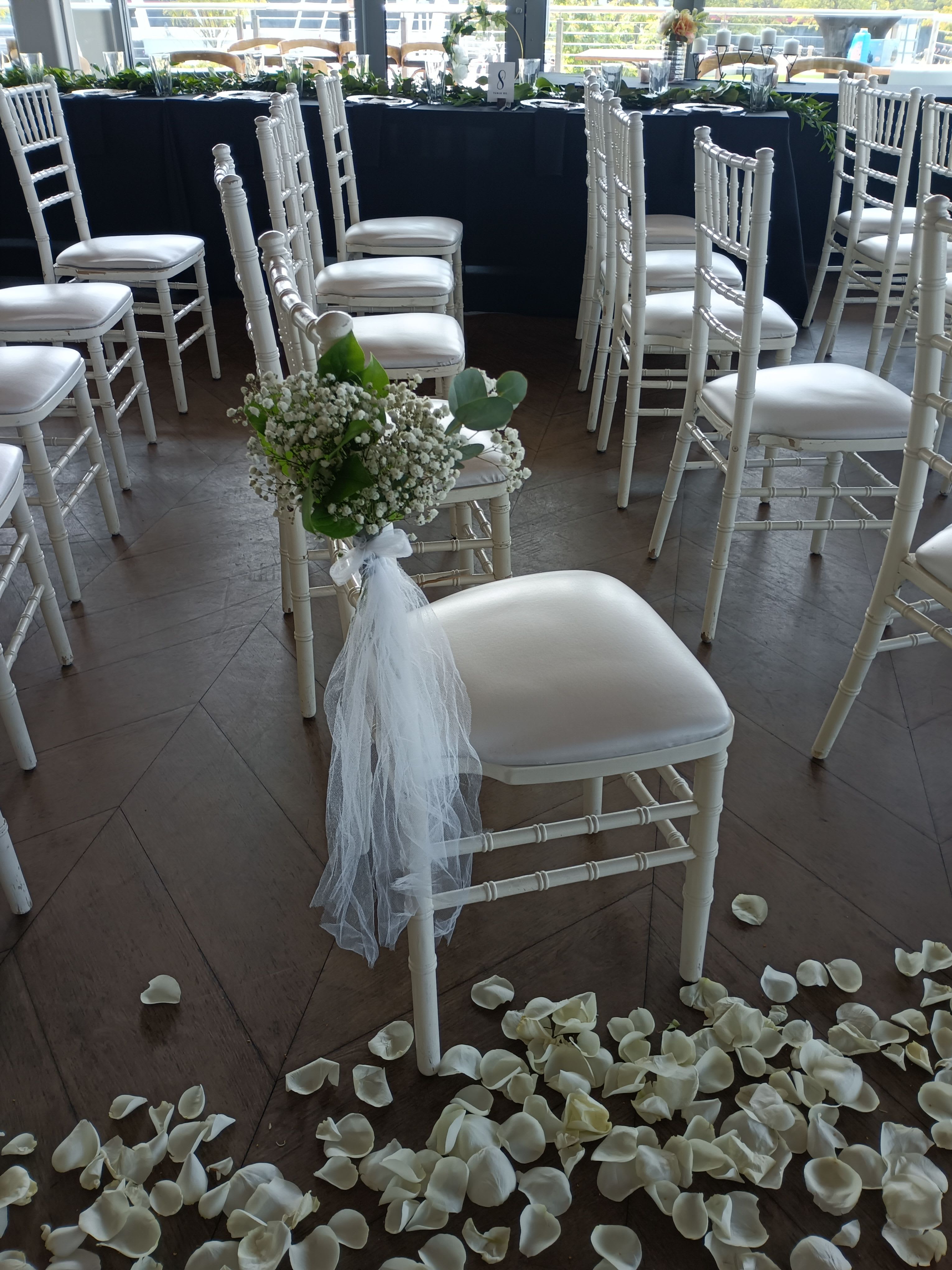 Pew baby's breath bouquets - Popular, inexpensive perfect wedding touch to a pew decor: baby's beath bouquets with the tulle 
