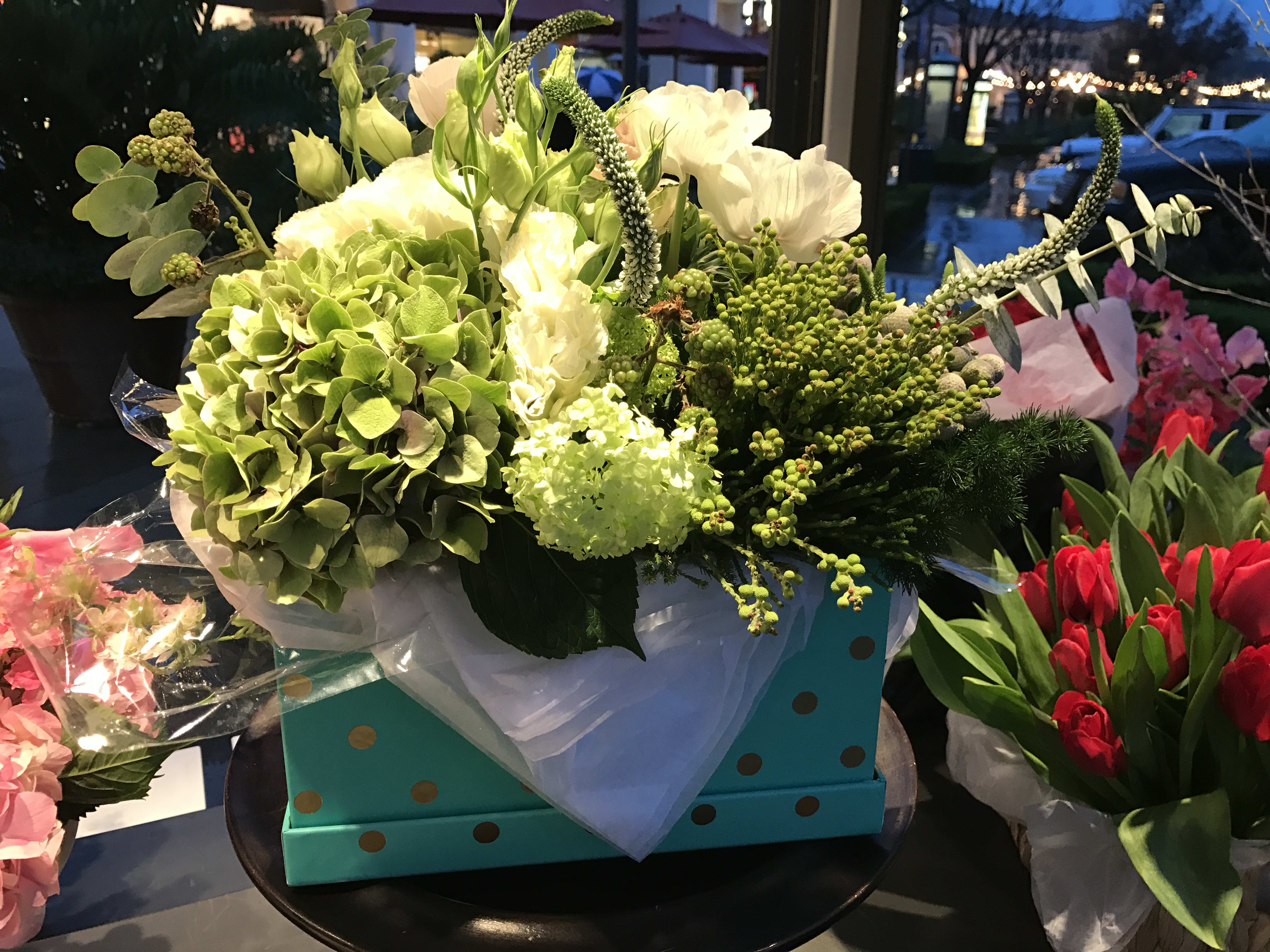 Lush Greens - Box of beautiful hydrangeas, white roses, kale, black berries, lisianthus, greenery, eucalyptus, veronica.  