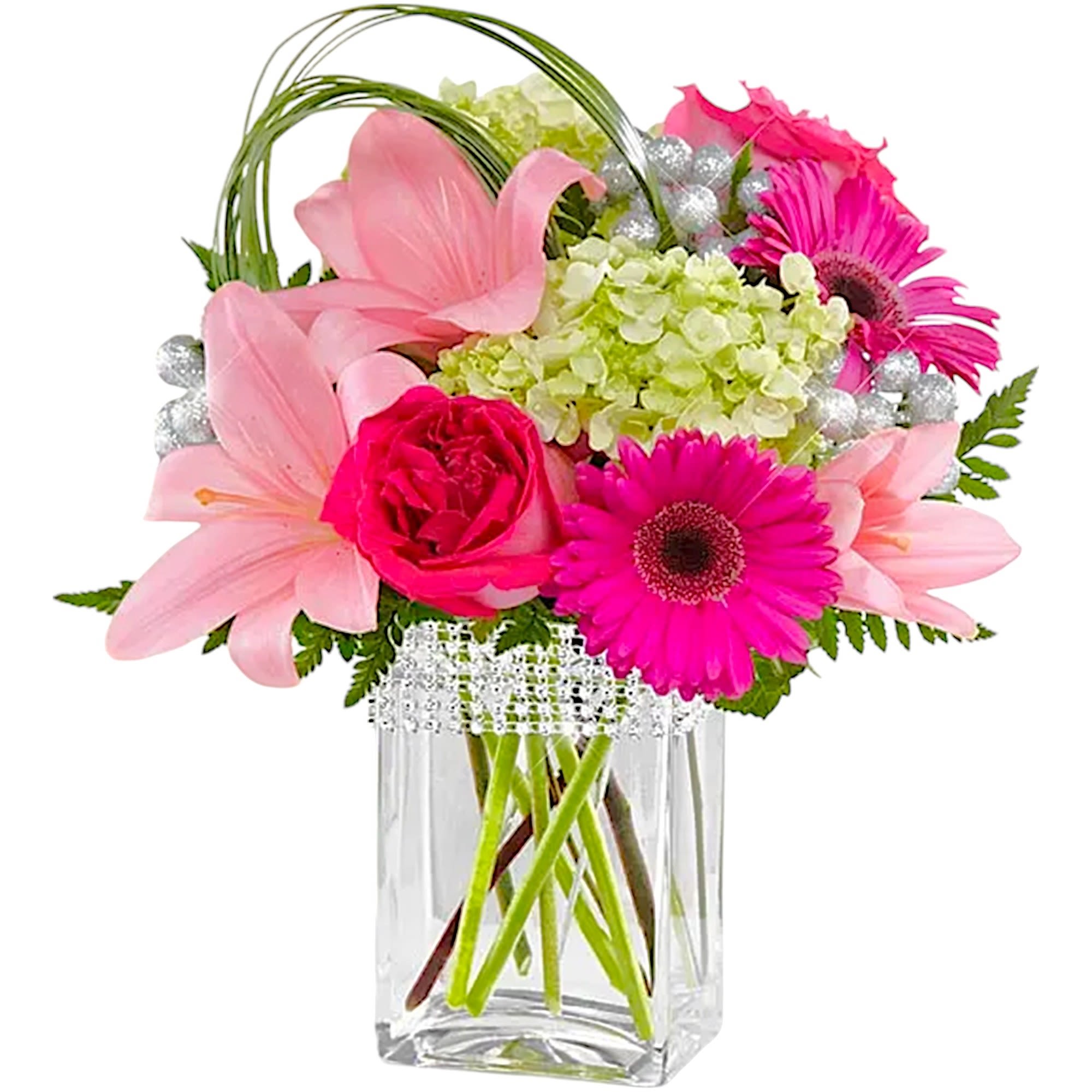 Blooming Bliss - The Blooming Bliss arrangement showcases blushing blooms and definitive style to send your special recipient a gift blossoming with happiness.   DETAILS Hot pink roses, gerbera daisies, pink Asiatic Lilies, green mini hydrangea, bear grass, and greens. Presented in a clear glass vase with silver beading lined at the top.   VASE INCLUDED Orientation: All-Around Item #NF-114  FLORIST-TO-DOOR Same day flower delivery on most orders placed by 12 pm or 10 am on weekends PST.  BLOOM DETAILS Roses Asiatic Lilies Gerbera Daisies Hydrangeas Greenery  The Standard Arrangement is approx. 14&quot; H x 13 1/2&quot; W. The Deluxe Arrangement is approx. 14&quot; H x 14&quot; W. The Premium Arrangement is approx. 14&quot; H x 14&quot; W.  How to place an order?  1. You can place an order directly on this secure website. 2. You can call in your order by dialing: (323) 262 - 9238 3. You can visit our store (appointment recommended 323.262.9238)  NINFA'S FLOWERS 2405 WHITTIER BLVD. LOS ANGELES, CA. 90023  ATTENTION: *Please note that on busy holidays, Valentine's Day, and Mother's Day, we cannot verify if the recipient received the flowers until the following day. You can verify delivery on the website after 10:00 pm, call 323.262.9238 the following day after 10:00 am, or contact the recipient directly. Thank you for your patience and understanding.