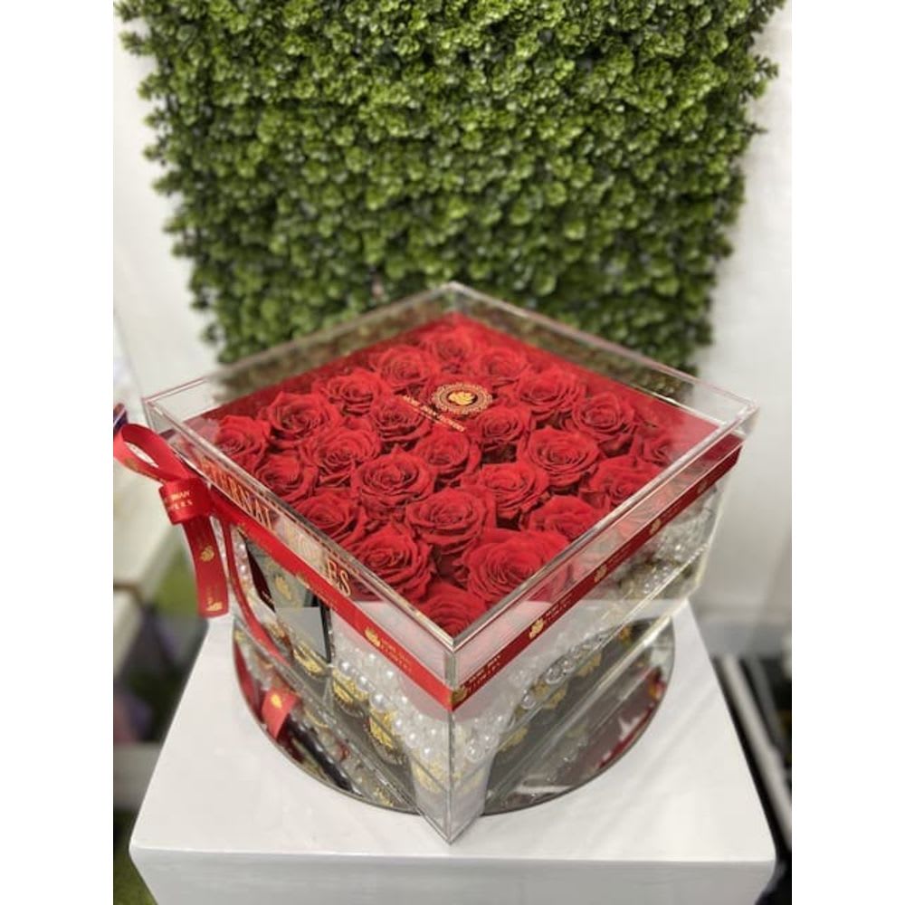 Eternal Roses Acrylic Box (25 Roses) - Red - Eternal Roses Acrylic Box (25 Roses): We stopped the clock for our preserved roses to experience our Eternal Deluxe Collection timelessly. 25 preserved roses decorated in our signature deluxe clear acrylic boxes and completed with a bow and a personalized card message, trendy and fancy. Roses that Last 3 years. Avoid direct sunlight, dust, water or excessive heat. *Available for Nationwide Shipping (5-7 days shipping time)