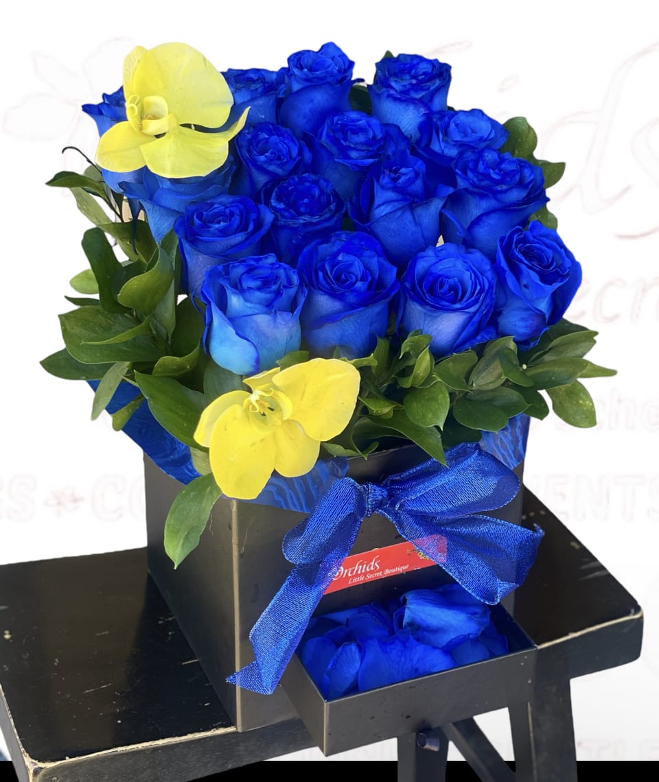 Royal Sapphire Blue Roses Black Box in Placentia CA Orchids Little Secret Boutique