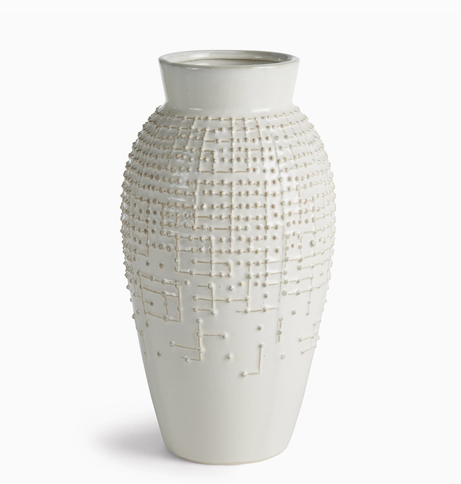 Astra Vase - Discover the contemporary charm of our Astra Vase, featuring a unique debossed ombre pattern that creates a dynamic visual appeal. Finished in a warm white glaze, this vase is versatile enough to complement any color palette, making it a perfect addition to your home decor. Its dimensions of 7.3 x 7.3 x 13.2 inches allow it to make a statement without overwhelming your space. Ideal for holding fresh flowers or simply as a standalone piece, the Astra Vase brings a modern touch to any setting, whether it's placed in a living room, entryway, or office. Available at Chartreuse by Roje, this vase is a must-have for those looking to add a subtle yet striking element to their interiors.