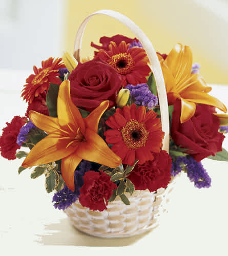 Fun in the Sun Basket Fun in the Sun Basket - This basket abounds with sun-drenched roses, orange mini Gerbera daisies, and orange Asiatic lilies, along with some red carnations just for good measure. Fill the day with sunshine - send it as a special hello & make someone smile.