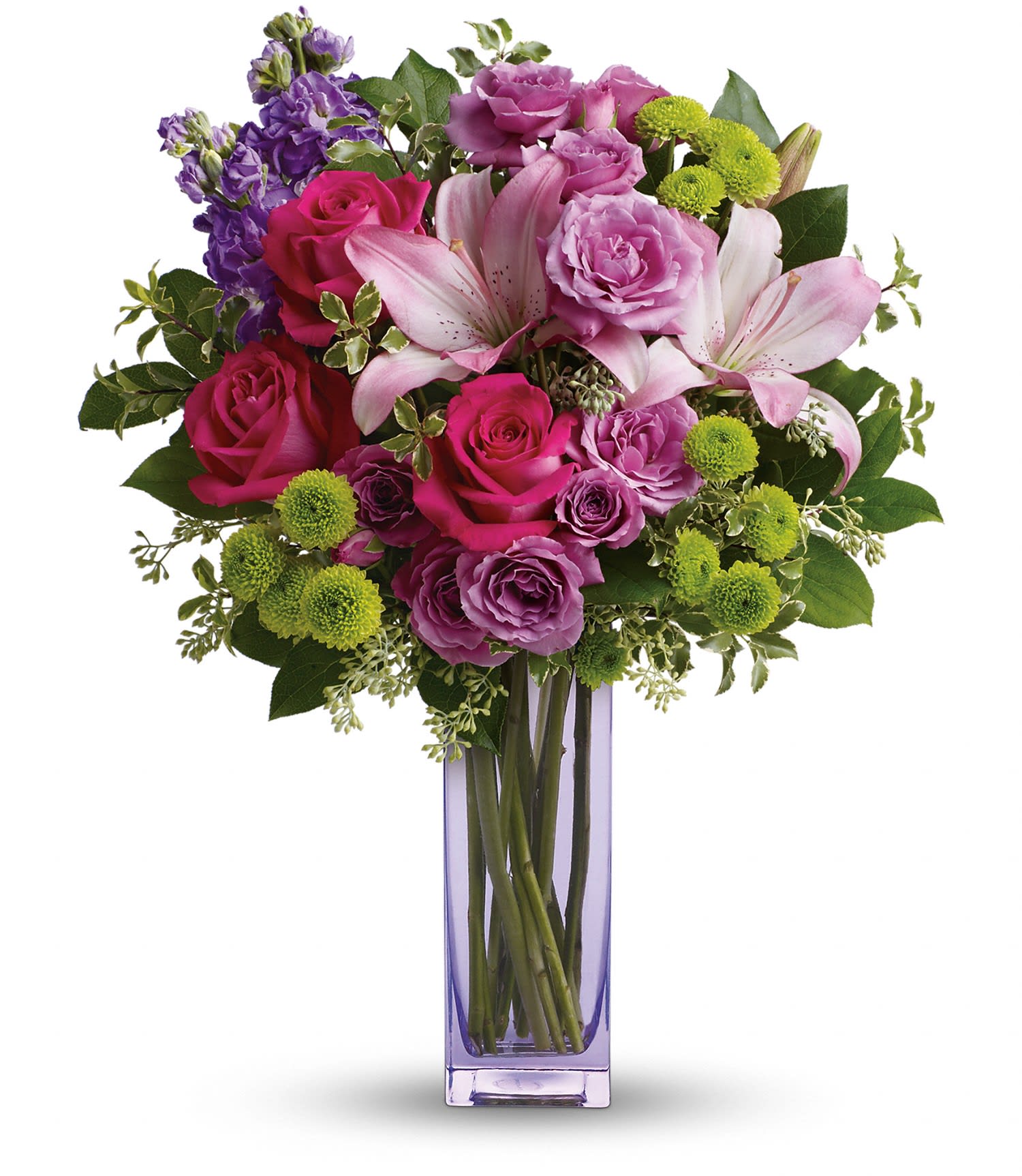 Teleflora's Fresh Flourish Bouquet Teleflora's Fresh Flourish Bouquet - Color them happy with this bold, beautiful mix of hot pinks, flirty lavenders, and lime greens! Hand-delivered in a lavender glass vase, this posh present pampers your loved one on a special day - or any day at all!