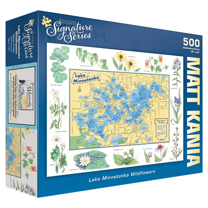 PuzzleTwist - Lake Minnetonka Wildflowers - About the Artist:  Minnesota artist Matt Kania is an active plein air oil painter and printmaker who has been designing and illustrating maps for years. Within this puzzle Matt will have you touring every bay of Lake Minnetonka with close up views of the wildflowers often seen along the shoreline – from the black-eyed Susan to the White Water Lily – a boat trip you’re sure to enjoy.