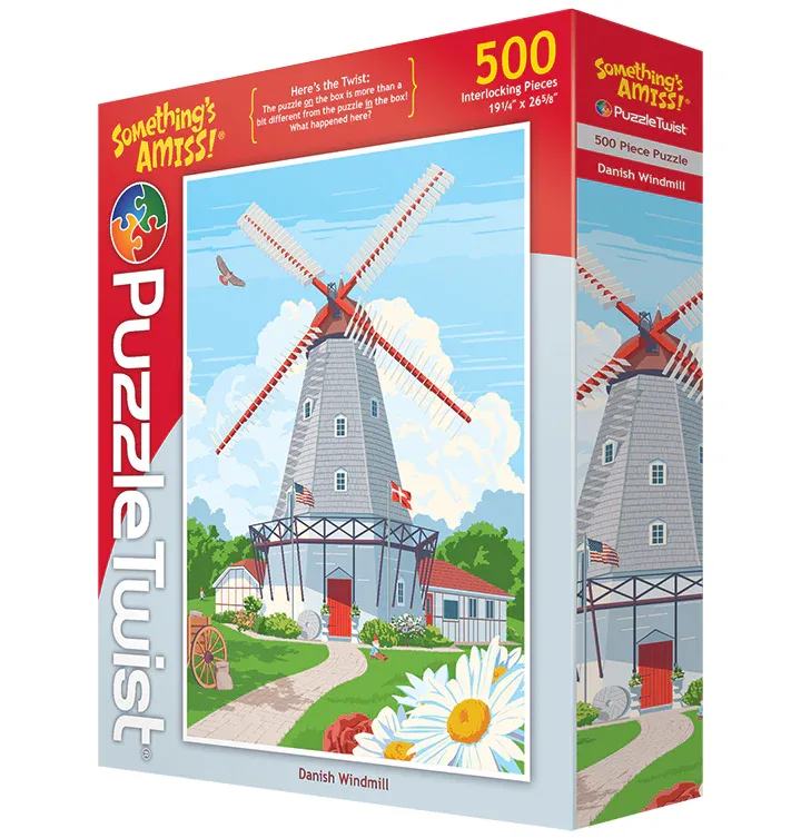 PuzzleTwist - Danish Windmill - Here's the Tewist: The puzzle ON the box is more than a bit different from the puzzle IN the box! What happened here?  About the Artist: Steve Thomas is recognized for his nostalgic artwork and vintage-style posters.  This puzzle features an 1848 Danish windmill acquired from Denmark, transported to Elk Horn, Iowa, and meticulously reconstructed. It stands as the sole authentic and operational Danish windmill in the United States.  Steve's artistic flair, coupled with a few fun twists, promises to deliver a delightful experience.