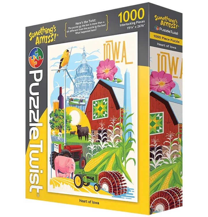 PuzzleTwist - Heart of Iowa - Here's the Twist: The puzzle ON the box is more than a bit different than the puzzle IN the box!   What happened here?   About the Artist: Steve Thomas, an artist known for his nostalgic style, brings the charm of Iowa to life in this jigsaw puzzle.His illustrations are a tribute to this heartland state, capturing its beauty and warmth. Enjoy assembling this colorful portrayal, combined with a few twists that will have you wondering – is this heaven?