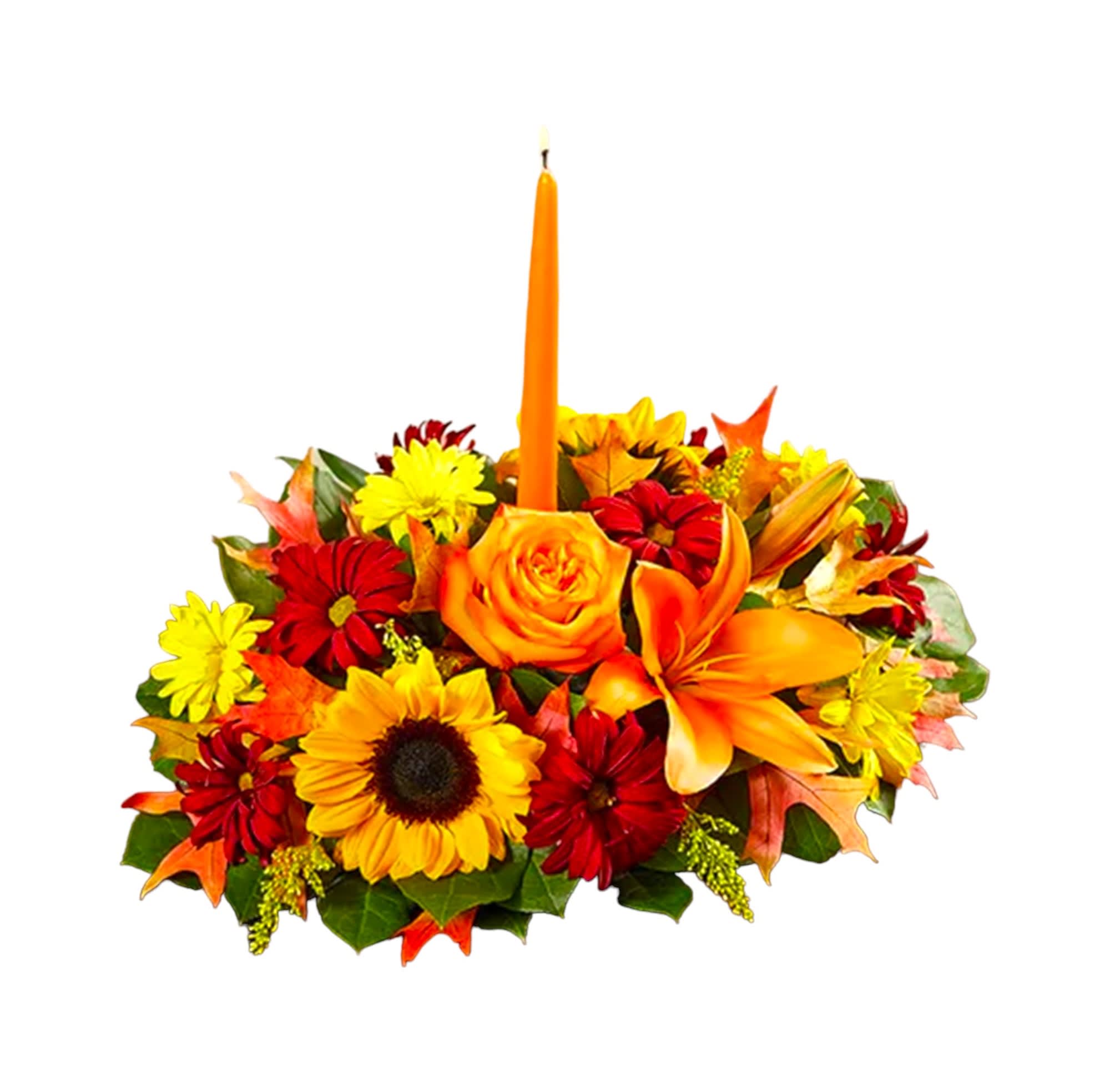 Fields of Europe for Fall Centerpiece - The rich beauty of the European countryside comes alive in our best-selling fall centerpiece. Crafted by our artisan florists, it’s filled with a gathering of fresh-picked blooms in brilliant colors and finished with an orange candle to warm hearts and homes.  DETAILS All-around arrangement with autumn-colored roses, sunflowers, red daisy poms, orange Asiatic lilies; accented with assorted greenery and dried oak leaves.   CANDLES INCLUDED 12&quot;H (NEVER LEAVE A BURNING CANDLE UNATTENDED) Orientation: All-Around Item #NF-805  FLORIST-TO-DOOR Same day flower delivery on most orders placed online by 12 pm or 10 am on weekends PST.  BLOOM DETAILS Roses Asiatic Lilies Sunflowers Daisy-Mums Greenery  The Standard Arrangement is approx. 9&quot;H x 22&quot;L. The Deluxe Arrangement is approx. 9.5&quot;H x 24&quot;L. The Premium Arrangement is approx. 10&quot;H x 31&quot;L. (The Premium Arrangement includes 2 orange taper candles)  How to place an order? 1. You can place an order directly on this secure website OR 2. You can call in your order by dialing: (323) 262 - 9238 OR 3. You can visit our store (appointment recommended 323.262.9238)  NINFA'S FLOWERS 2405 WHITTIER BLVD. LOS ANGELES, CA. 90023