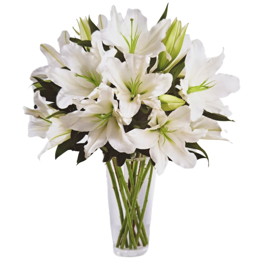 All White Honoring Vase Arrangement - Approximate Dimensions: (Arrangement) 22″H × 15″W (Vase) 10″H