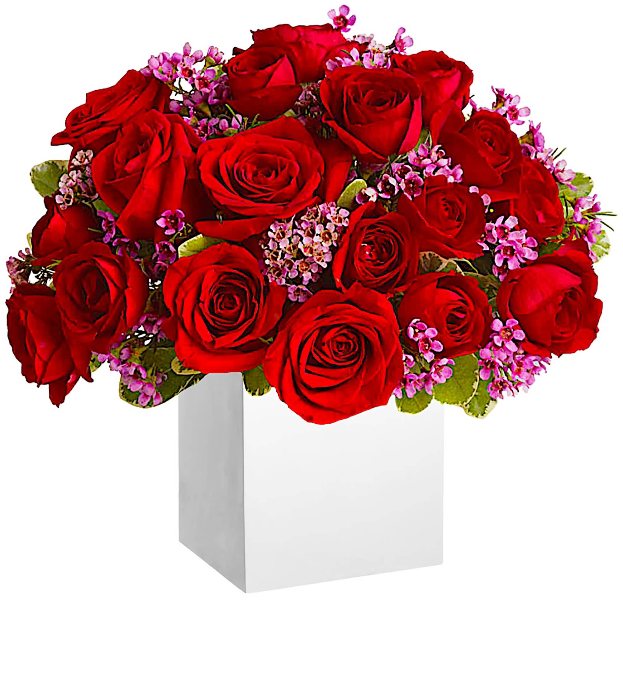 Never Let Go - Hold fast to her heart with loving reminders of your love. This unique rose arrangement speaks in rich reds and delicate lavender.  DETAILS Beautiful flowers - 18, 20 or 24, red roses and sweet lavender waxflower - are gathered into a modern wooden cube.   WOODEN BOX INCLUDED Orientation: All-Around Item #NF-167  FLORIST-TO-DOOR Same day flower delivery on most orders placed online by 12 pm or 10 am on weekends PST.  BLOOM DETAILS Roses Waxflower Filler Greenery  The Standard Arrangement is approximately 11&quot; H x 12&quot; W. (18 ROSES) The Deluxe Arrangement is approximately 12&quot; H x 14&quot; W. (20 ROSES) The Premium Arrangement is approximately 12&quot; H x 14&quot; W. (24 ROSES)  How to place an order? 1. You can place an order directly on this secure website OR 2. You can call in your order by dialing: (323) 262 - 9238 OR 3. You can visit our store (appointment recommended 323.262.9238)  NINFA'S FLOWERS 2405 WHITTIER BLVD. LOS ANGELES, CA. 90023  ATTENTION: *Please note that on busy holidays, Valentine's Day, and Mother's Day, we cannot verify if the recipient received the flowers until the following day. You can verify delivery on the website after 10:00 pm, call 323.262.9238 the following day after 10:00 am, or contact the recipient directly. Thank you for your patience and understanding.