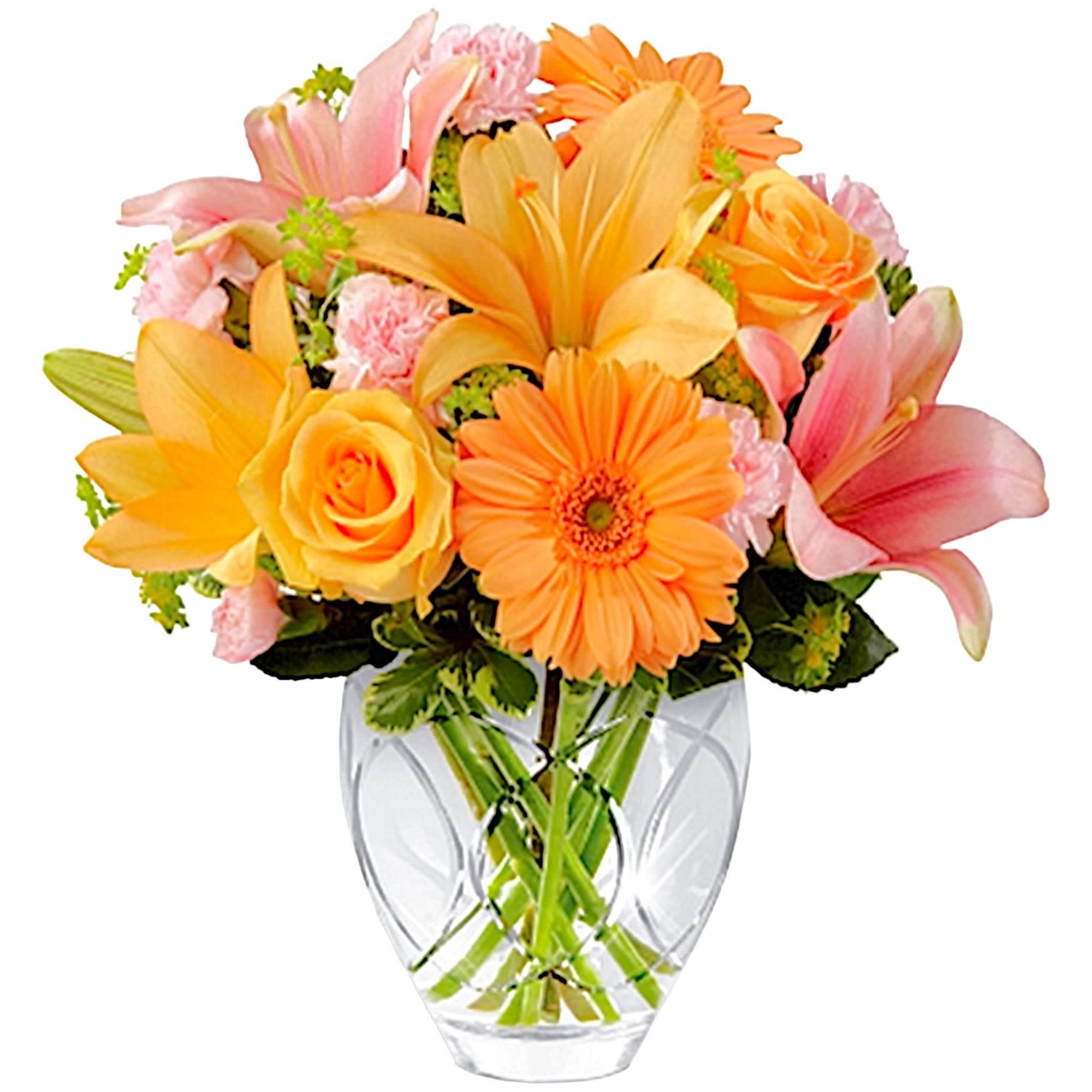 Brighten Your Day - The Brighten Your Day Arrangement is blooming with brilliant color and cheer and is sure to lift their spirits with each exquisite bloom.  DETAILS Beautiful roses, gerbera daisies and Asiatic lilies bring a soft energy to this arrangement when combined with pink mini carnations, pink Asiatic Lilies, bupleurum and variegated pittosporum. Beautifully presented in a designer clear glass vase, this arrangement creates a wonderful way to show them how much you care.  VASE INCLUDED Orientation: All-Around Item #NF-945  FLORIST-TO-DOOR Same day flower delivery on most orders placed online by 12 pm or 10 am on weekends PST.  BLOOM DETAILS Roses Asiatic Lilies Gerbera Daisies Mini-Carnations Bupleurum Greenery  The Standard Arrangement is approx. 10&quot;H x 10&quot;W. The Deluxe Arrangement is approx. 11&quot;H x 11&quot;W. The Premium Arrangement is approx. 12&quot;H x 12&quot;W.  How to place an order?  1. You can place an order directly on this secure website. OR 2. You can call in your order by dialing: (323) 262 - 9238 OR 3. You can visit our store (appointment recommended 323.262.9238)  NINFA'S FLOWERS 2405 WHITTIER BLVD. LOS ANGELES, CA. 90023  ATTENTION: *Please note that on busy holidays, Valentine's Day, and Mother's Day, we cannot verify if the recipient received the flowers until the following day. You can verify delivery on the website after 10:00 pm, call 323.262.9238 the following day after 10:00 am, or contact the recipient directly. Thank you for your patience and understanding.