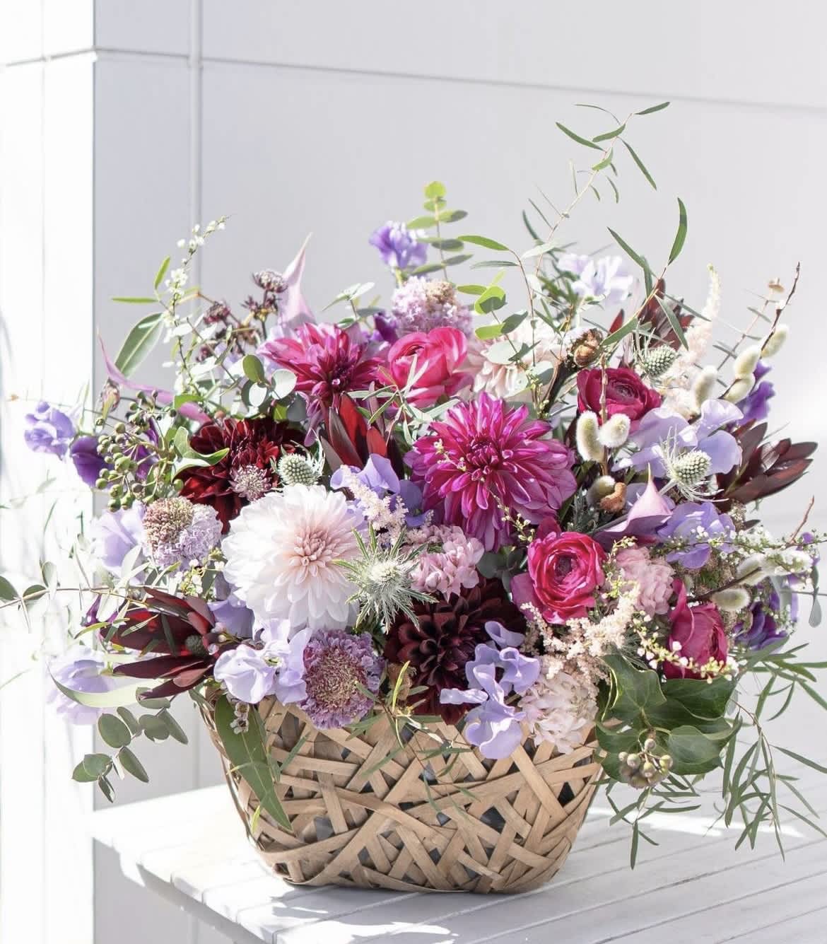 Romantic French basket of flowers - Lovely combination of delicate flowers. Send flowers for any occasion . 