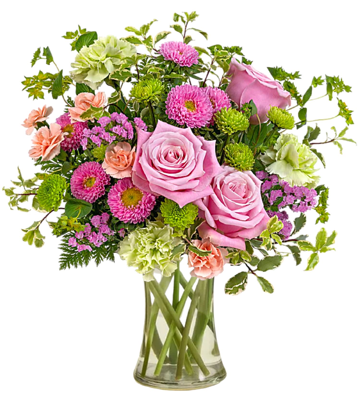 Charming Flower Arrangement - Send this Charming Flower Arrangement to someone special. They will feel extra special when this beautiful flower arrangement is delivered to their workplace or home.   DETAILS This charming arrangement includes pink roses, green carnations, miniature peach carnations, pink Matsumoto asters, green button spray chrysanthemums, pink sinuata statice, bupleurum, pitta Negra and leatherleaf fern.   VASE INCLUDED Orientation: All-Around Item #NF-261  FLORIST-TO-DOOR Same day flower delivery on most orders placed online by 12 pm or 10 am on weekends PST.  BLOOM DETAILS Roses Carnation Mini-Carnations Matsumoto Asters Button-Mums Statice Filler Greenery  The Standard Arrangement is approx. 15 1/2&quot; H x 13 1/2&quot; W. The Deluxe Arrangement is approx. 15 1/2&quot; H x 13 1/2&quot; W. The Premium Arrangement is approx. 15 1/2&quot; H x 14&quot; W.  How to place an order? 1. You can place an order directly on this secure website OR 2. You can call in your order by dialing: (323) 262 - 9238 OR 3. You can visit our store (appointment recommended 323.262.9238)  NINFA'S FLOWERS 2405 WHITTIER BLVD. LOS ANGELES, CA. 90023  ATTENTION: *Please note that on busy holidays, Valentine's Day, and Mother's Day, we cannot verify if the recipient received the flowers until the following day. You can verify delivery on the website after 10:00 pm, call 323.262.9238 the following day after 10:00 am, or contact the recipient directly. Thank you for your patience and understanding.