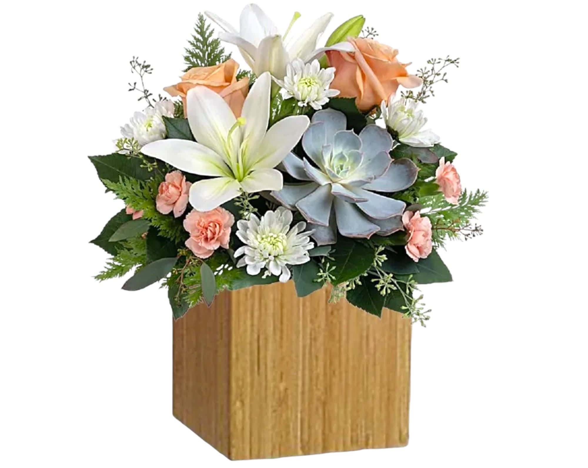 Classic Contemporary Arrangement - Sleek meets sweet! This modern arrangement pairs a sculptural succulent with soft blooms in a retro-style wooden box that they will love.  DETAILS Peach roses, white Asiatic lilies, miniature peach carnations, and white cushion spray chrysanthemums are arranged with leatherleaf fern, seeded eucalyptus, and a green echeveria succulent.   WOODEN BOX INCLUDED Orientation: All-Around Item #NF-269  FLORIST-TO-DOOR Same day flower delivery on most orders placed online by 12 pm or 10 am on weekends PST.  BLOOM DETAILS Roses Mini-Carnations Succulents Asiatic Lilies Cushion-Mums Greenery  The Standard Arrangement is approx. 14 1/2&quot; H x 13 1/2&quot; W. The Deluxe Arrangement is approx. 14 1/2&quot; H x 14 1/2&quot; W. The Premium Arrangement is approx. 15&quot; H x 15 1/2&quot; W.  How to place an order? 1. You can place an order directly on this secure website OR 2. You can call in your order by dialing: (323) 262 - 9238 OR 3. You can visit our store (appointment recommended 323.262.9238)  NINFA'S FLOWERS 2405 WHITTIER BLVD. LOS ANGELES, CA. 90023  ATTENTION: *Please note that on busy holidays, Valentine's Day, and Mother's Day, we cannot verify if the recipient received the flowers until the following day. You can verify delivery on the website after 10:00 pm, call 323.262.9238 the following day after 10:00 am, or contact the recipient directly. Thank you for your patience and understanding.