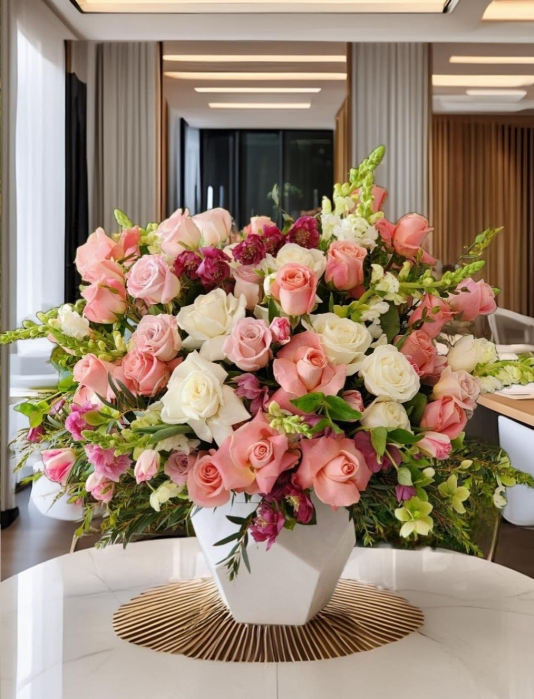 Miss Rose  - Delicate and light arrangement in a white ceramic vase with pink and white roses, slightly touched with greenery symbolizes the strongest, purest and strongest feelings and best wishes  RECOMMENDED FOR: Love and Romance, I Love You Flowers, Anniversary, Proposal,  Romantic Gift, Birthday, Get Well Soon, Celebrations, Best Wishes, Thank You, Congratulations, Just Because, New Baby, Everyday, Mother's Day 