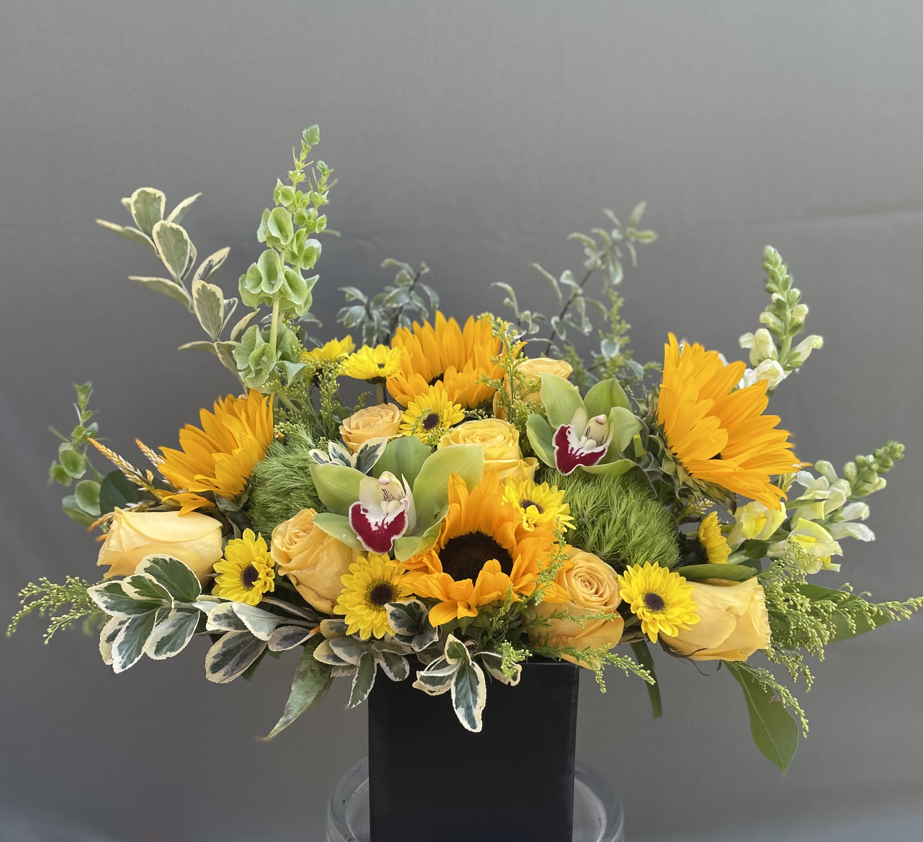 Luminous Sunny - Arrangement includes, yellow sunflowers, cymbidium orchids, roses, dianthus, snapdragons, green foliage, all arranged in black ceramic vase.