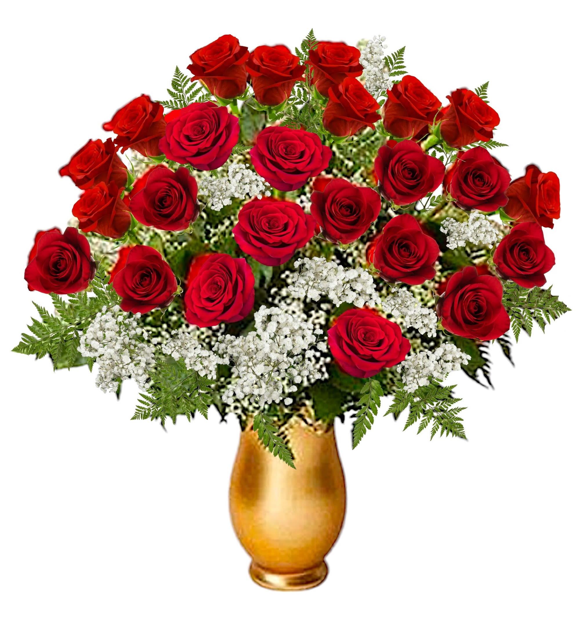 My Love for You is Golden  - Put a smile on their face - and in their heart - with this luxury arrangement! This beautiful gift of roses, spreads happiness wherever it goes. If you want to make a really big impression, surprise them with a delivery to the office. Imagine the oohs and Ahs of their co-workers - and your special someone.  DETAILS This luxury arrangement includes red roses, and filler, accented with lush greenery, arranged in a gold-painted glass vase.   VASE INCLUDED Orientation: One-Sided Item #NF-77  FLORIST-TO-DOOR Same day flower delivery on most orders placed online by 12 pm or 10 am on weekends PST.  BLOOM DETAILS Roses  Baby's Breath Filler Greenery  The Standard Arrangement is approx. 20&quot; H x 20&quot; W. (SHOWN 24 Roses) The Deluxe Arrangement is approx. 20.5&quot; H x 20.5&quot; W. (30 Roses) The Premium Arrangement is approx. 21&quot; H x 21&quot; W. (36 Roses)  How to place an order? 1. You can place an order directly on this secure website OR 2. You can call in your order by dialing: (323) 262 - 9238 OR 3. You can visit our store (appointment recommended 323.262.9238)  NINFA'S FLOWERS 2405 WHITTIER BLVD. LOS ANGELES, CA. 90023  ATTENTION: *Please note that on busy holidays, Valentine's Day, and Mother's Day, we cannot verify if the recipient received the flowers until the following day. You can verify delivery on the website after 10:00 pm, call 323.262.9238 the following day after 10:00 am, or contact the recipient directly. Thank you for your patience and understanding.