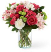 Sweet and Pretty Sweet and Pretty - Clear vase of carnations, roses, alstroemeria and button mums