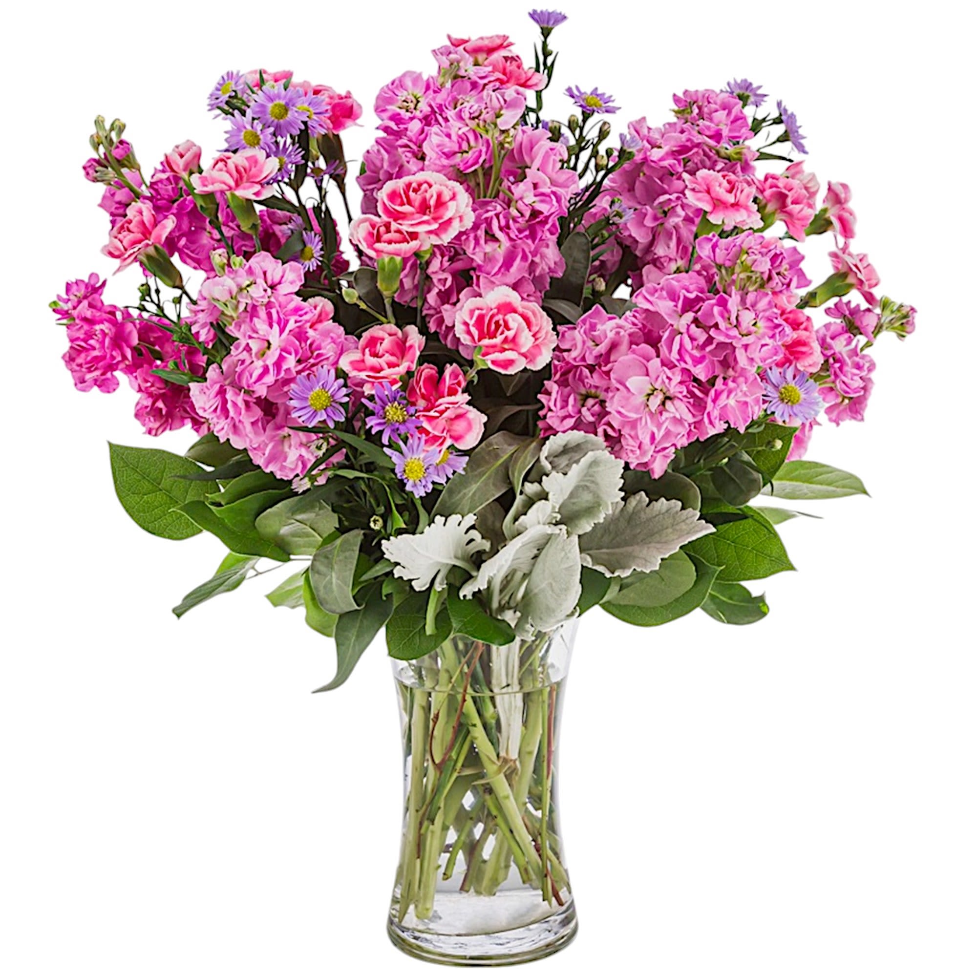 Uptown Girl by BloomNation™ - A great gift for Mother's Day, Just Because, Birthdays, Women's Day, or Breast Cancer Awareness Month.  DETAILS This arrangement is a pink and purple confection featuring sweet-smelling stock flowers, mini carnations, and seasonal filler.   VASE INCLUDED Orientation: All-Around Item #NF-856  FLORIST-TO-DOOR Same day flower delivery on most orders placed online by 12 pm or 10 am on weekends PST.  BLOOM DETAILS Stock Mini Carnations Seasonal Filler Assorted Seasonal Greenery  The Standard Arrangement is approx. 12&quot; W x 17&quot; H. (SHOWN) The Deluxe Arrangement is approx. 12.5&quot; W x 17.5&quot; H. The Premium Arrangement is approx. 13&quot; W x 18&quot; H.  How to place an order? 1. You can place an order directly on this secure website OR 2. You can call in your order by dialing: (323) 262 - 9238 OR 3. You can visit our store (appointment recommended 323.262.9238)  NINFA'S FLOWERS 2405 WHITTIER BLVD. LOS ANGELES, CA. 90023  ATTENTION: *Please note that on busy holidays, Valentine's Day, and Mother's Day, we cannot verify if the recipient received the flowers until the following day. You can verify delivery on the website after 10:00 pm, call 323.262.9238 the following day after 10:00 am, or contact the recipient directly. Thank you for your patience and understanding.