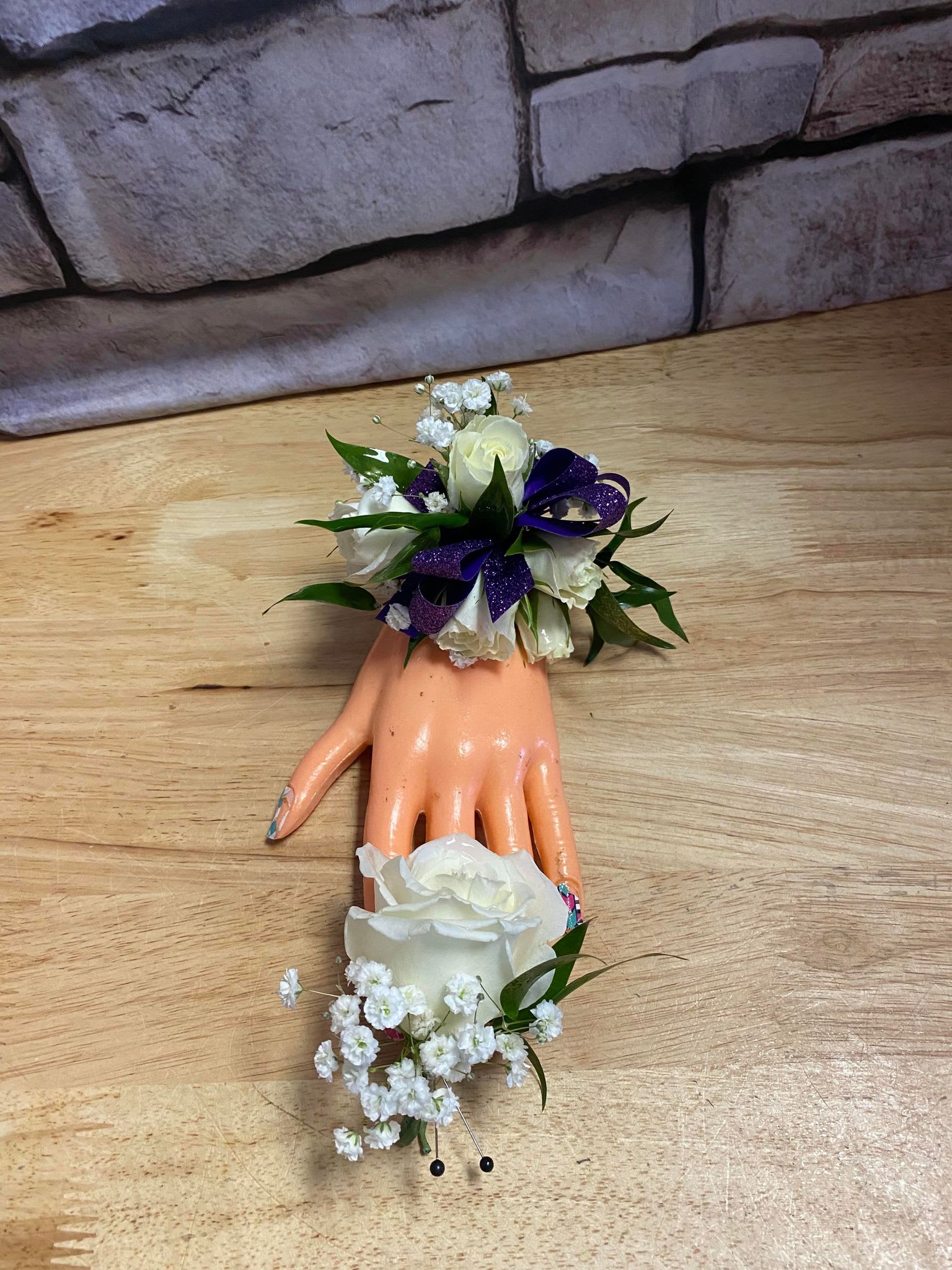 Purple Sparkle Corsage and Bout - Dark purple sparkle ribbon corsage with white roses 
