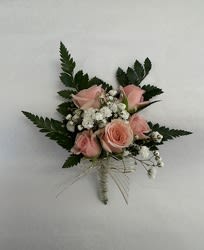 5 SPRAY ROSE BOUTONNIERE - 5 SPRAY ROSES (YOUR CHOICE OF RED, WHITE, OR LIGHT PINK), GREENS, BABIES BREATH AND RIBBON OF YOUR CHOICE.