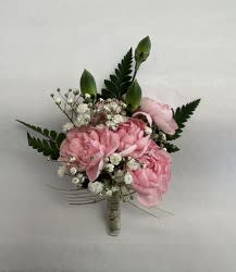 5 MINI CARNATION BOUTONNIERE 5 MINI CARNATION BOUTONNIERE - 5 MINI CARNATIONS (RED, WHITE, OR LIGHT PINK), WITH GREENS, BABIES BREATH AND YOUR CHOICE OF RIBBON.