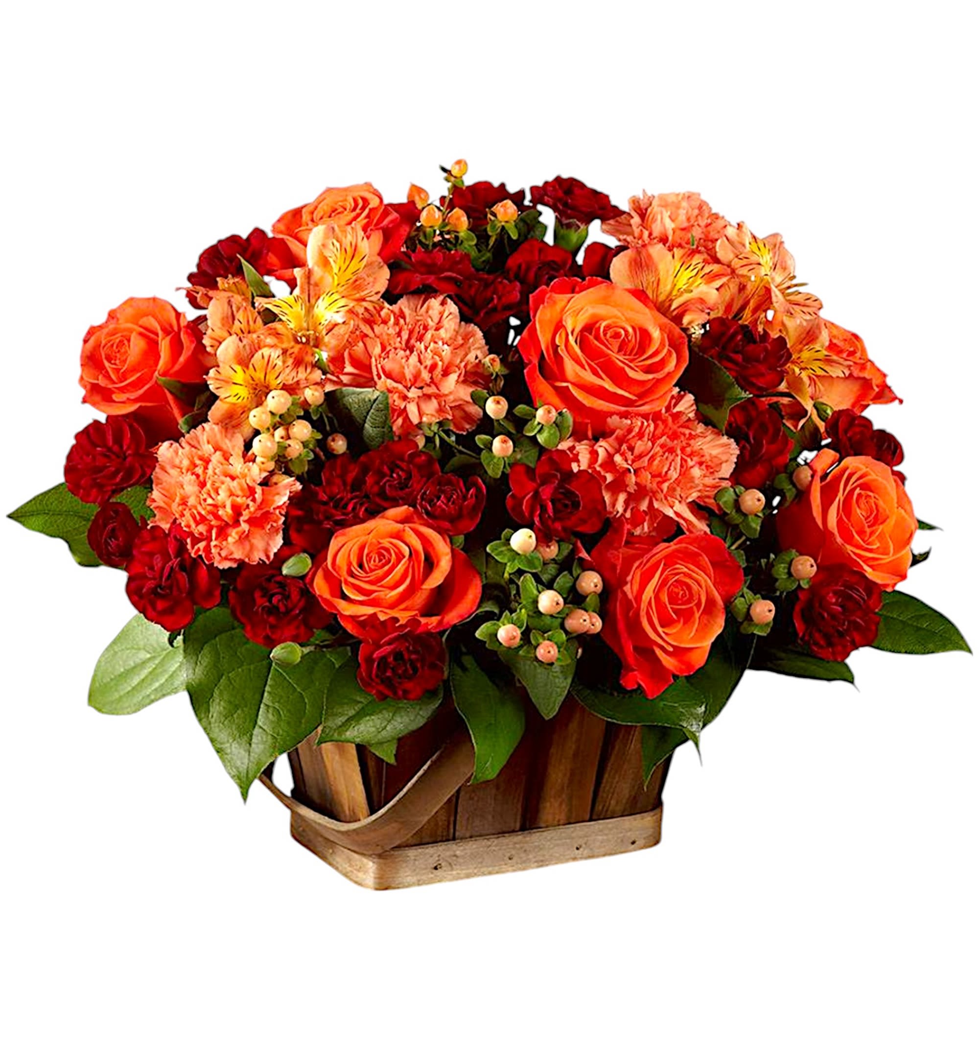 Abundant Harvest - Luxury - Doting on fall color &amp; harvest beauty, this fresh flower arrangement exhibits deep burgundy hues against alluring oranges to create a unique moment for your recipient. This harvest flower arrangement is a sensational way to express your love &amp; gratitude throughout the fall months ahead.   DETAILS Orange roses, orange carnations, orange Peruvian Lilies, &amp; peach hypericum berries, offset by burgundy mini carnations &amp; greens for an enchanting affect.  BASKET INCLUDED Orientation: All-Around Item #NF-198  FLORIST-TO-DOOR Same day flower delivery on most orders placed online by 12 pm or 10 am on weekends PST.  BLOOM DETAILS Roses Alstroemerias Carnations Mini-Carnations Hypericum Berries Greenery  The Standard Arrangement is approx. 13&quot; H x 16&quot; W (SHOWN) The Deluxe Arrangement is approx. 13&quot; H x 17&quot; W The Premium Arrangement is approx. 14&quot; H x 17&quot; W  How to place an order? 1. You can place an order directly on this secure website OR 2. You can call in your order by dialing: (323) 262 - 9238 OR 3. You can visit our store (appointment recommended 323.262.9238)  NINFA'S FLOWERS 2405 WHITTIER BLVD. LOS ANGELES, CA. 90023  ATTENTION: *Please note that on busy holidays, Valentine's Day, and Mother's Day, we cannot verify if the recipient received the flowers until the following day. You can verify delivery on the website after 10:00 pm, call 323.262.9238 the following day after 10:00 am, or contact the recipient directly. Thank you for your patience and understanding.