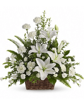 Peaceful White Lilies Basket Peaceful White Lilies Basket - Whether you send this beautiful arrangement to the family home or to the service all will appreciate its elegance and grace. The contrast of brilliant white blossoms and dazzling greenery create a wonderfully calm and dignified setting. Gorgeous flowers such as white lilies carnations and miniature carnations mix with vibrant greens in a large basket. Simply stunning. Approximately 26" W x 25" H T228-1Aa