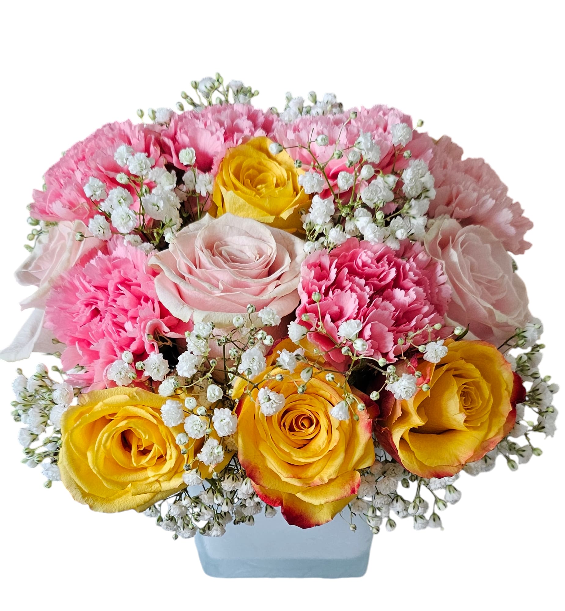 Magic Meadow - Elevate any occasion with our Magic Meadow Bouquet, a stunning arrangement that captures the essence of joy and romance. This delightful bouquet features a harmonious blend of vibrant pink carnations and radiant yellow and pink roses, creating a visual feast that is both cheerful and elegant.