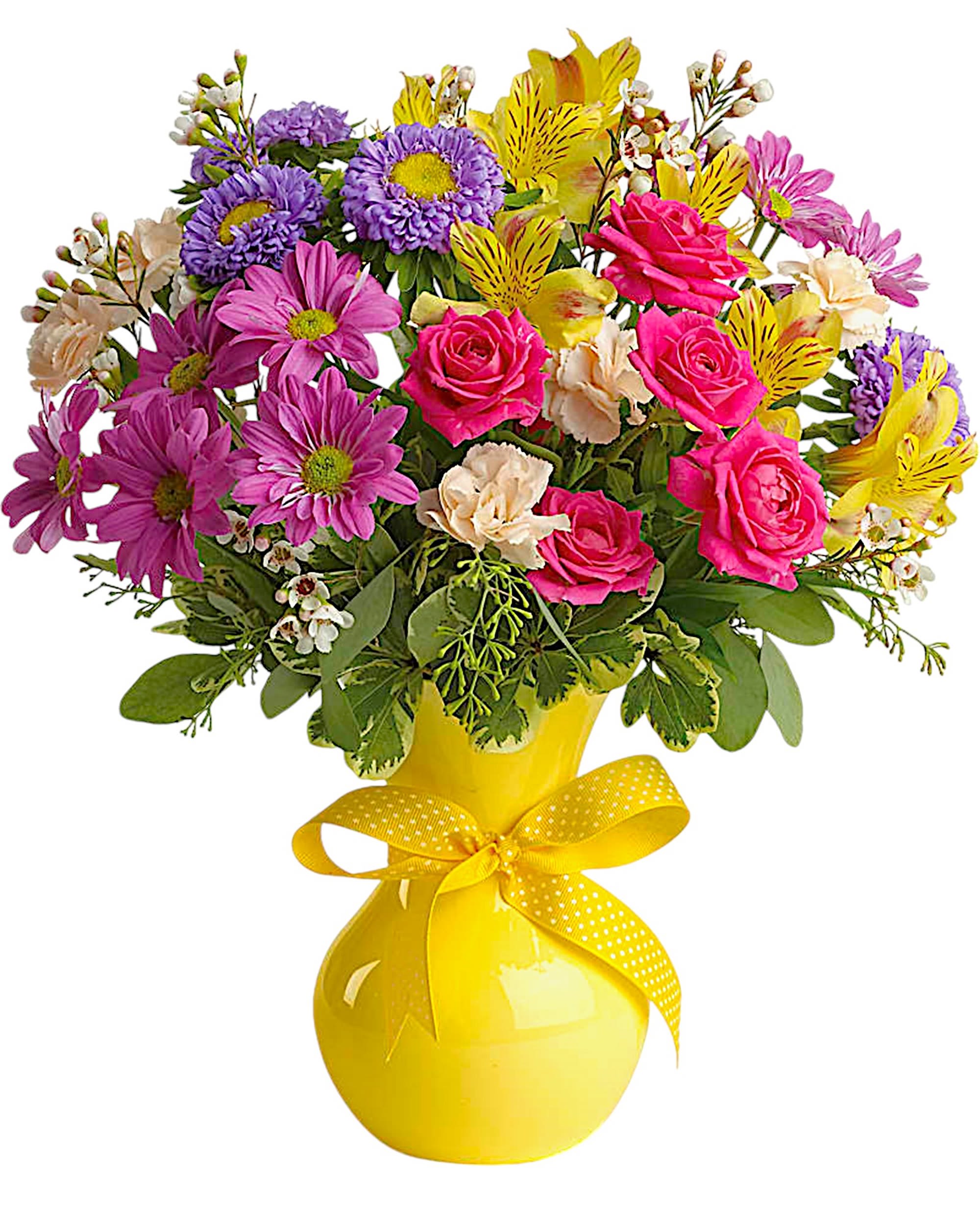 Color It Happy - Bring the sunny side of the street indoors with this radiant array of fresh flowers.  DETAILS The cheerful arrangement includes yellow alstroemeria, purple daisy spray chrysanthemums, hot pink spray roses, miniature peach carnations, white waxflower and purple Matsumoto asters accented with fresh greenery. Delivered in a bright yellow plastic vase tied with a yellow ribbon.  VASE INCLUDED Orientation: All-Around Item #NF-285  FLORIST-TO-DOOR Same day flower delivery on most orders placed online by 12 pm or 10 am on weekends PST.  BLOOM DETAILS Alstroemeria Spray Roses Mini-Carnations Daisy-Mums Matsumoto Asters Seasonal Filler Greenery  The Standard Arrangement is approx. 16&quot; H x 14&quot; W. The Deluxe Arrangement is approx. 16&quot; H x 14&quot; W. The Premium Arrangement is approx. 16 1/2&quot; H x 14 1/2&quot; W.  How to place an order? 1. You can place an order directly on this secure website OR 2. You can call in your order by dialing: (323) 262 - 9238 OR 3. You can visit our store (appointment recommended 323.262.9238)  NINFA'S FLOWERS 2405 WHITTIER BLVD. LOS ANGELES, CA. 90023  ATTENTION: *Please note that on busy holidays, Valentine's Day, and Mother's Day, we cannot verify if the recipient received the flowers until the following day. You can verify delivery on the website after 10:00 pm, call 323.262.9238 the following day after 10:00 am, or contact the recipient directly. Thank you for your patience and understanding.