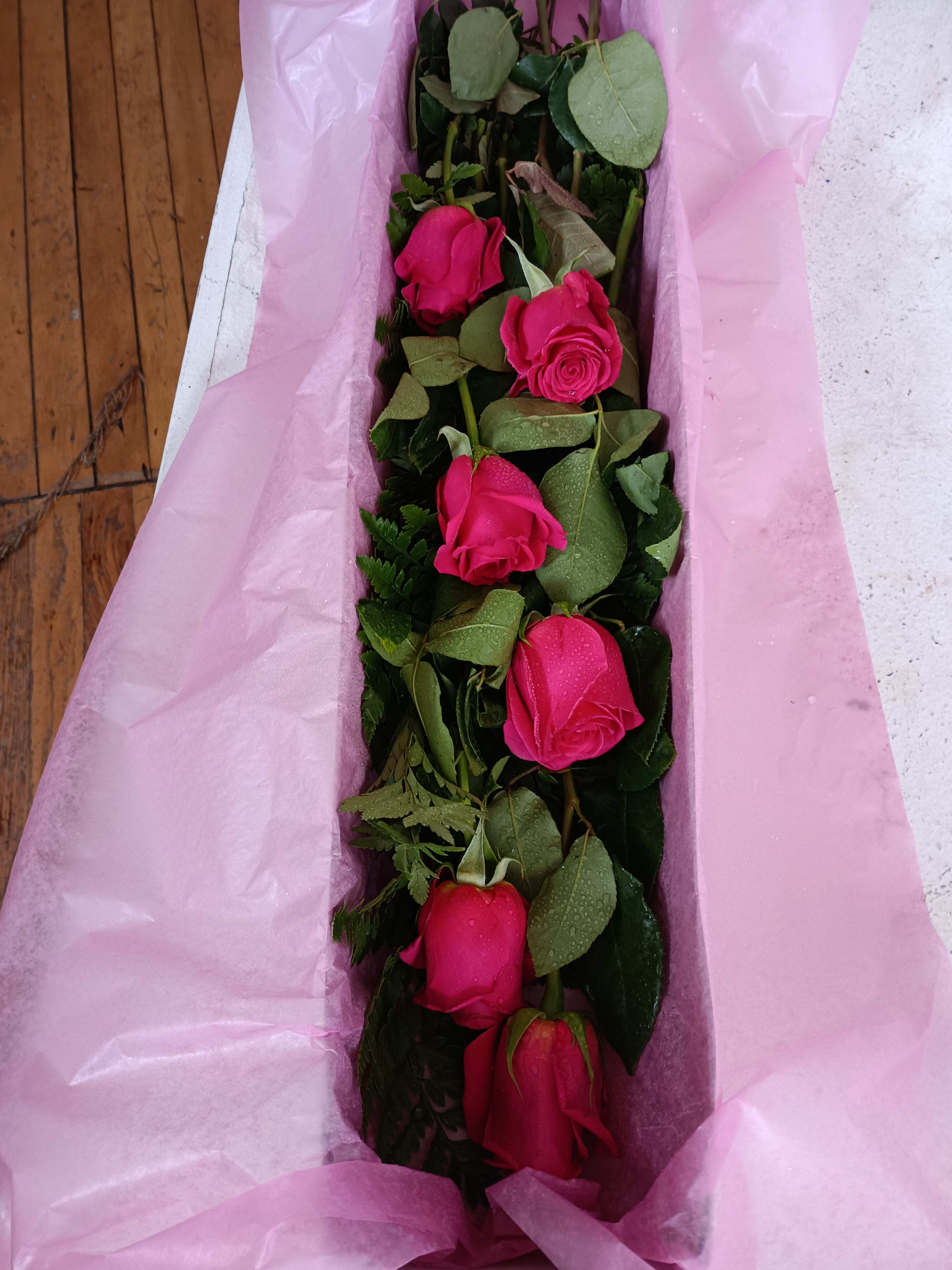 6 or 12 Pink Floyd roses boxed with greens  - 6 or 12 Pink Floyd roses boxed with greens and a bow.