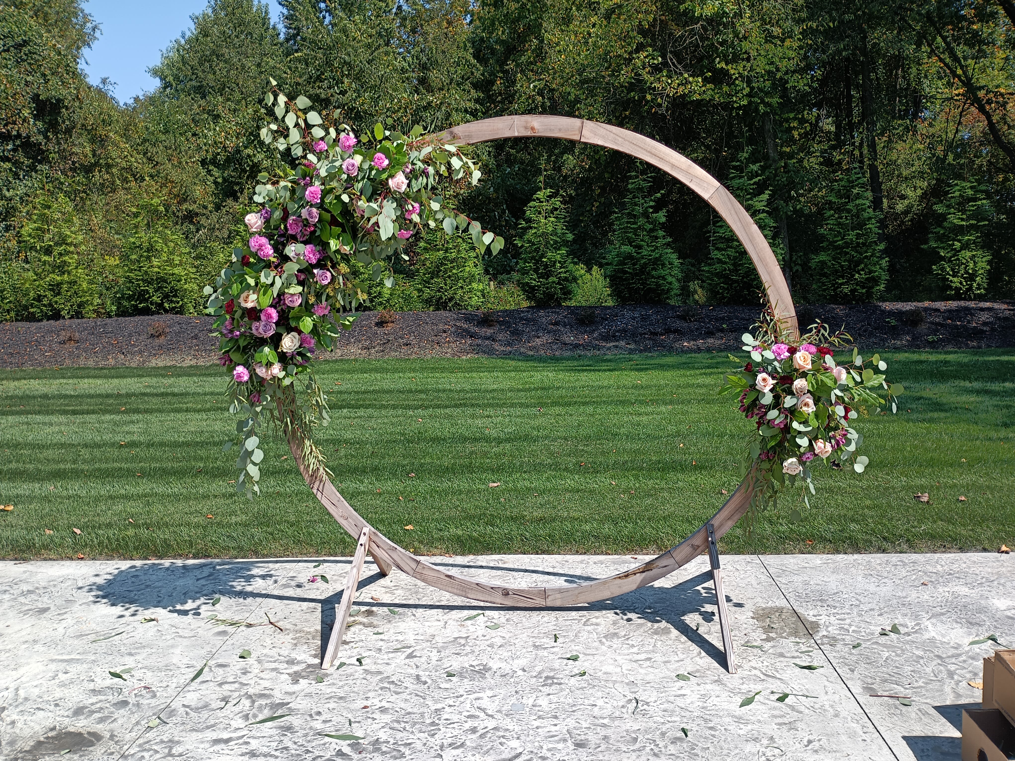 Erica's wedding ceremony rch - Beautiful two sides asymmetrical archway in burgundy, purple and white 