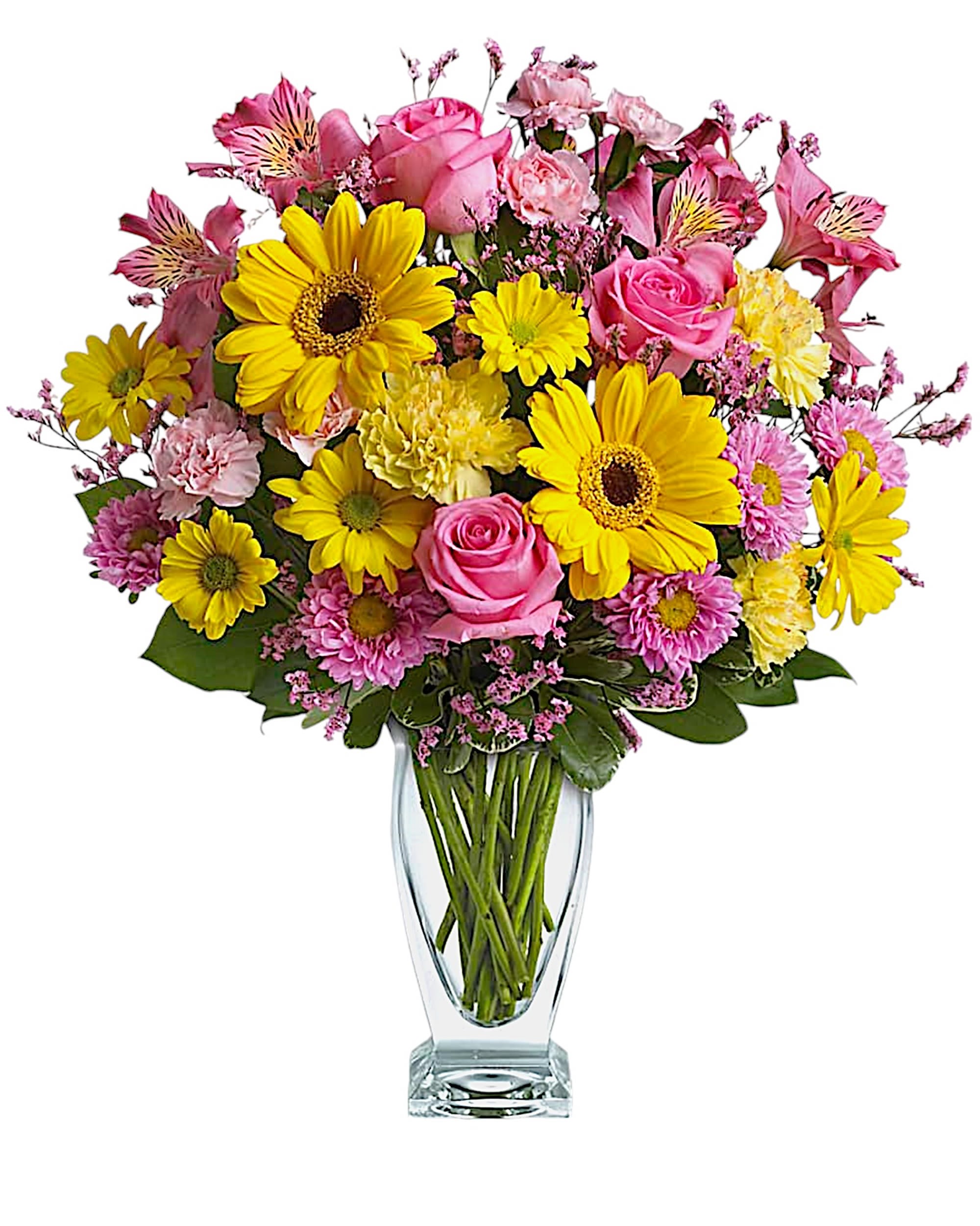 Dazzling Day - Pure pretty! This classic floral design puts a sweet spin on your good wishes in brilliant shades of pink and yellow.  DETAILS Luxurious flowers such as roses, gerberas and alstroemeria are gathered in shades of pink and yellow.  VASE INCLUDED Orientation: All-Around  Item #NF-293  FLORIST-TO-DOOR Same day flower delivery on most orders placed online by 12 pm or 10 am on weekends PST.  BLOOM DETAILS Roses Gerbera Daisies Daisy-Mums Alstroemerias Carnations Mini-Carnations Matsumoto Asters Limonium Filler Greenery  The Standard Arrangement is approx. 19&quot; H x 17&quot; W. The Deluxe Arrangement is approx. 20&quot; H x 17&quot; W. The Premium Arrangement is approx. 20 1/2&quot; H x 18&quot; W.  How to place an order? 1. You can place an order directly on this secure website OR 2. You can call in your order by dialing: (323) 262 - 9238 OR 3. You can visit our store (appointment recommended 323.262.9238)  NINFA'S FLOWERS 2405 WHITTIER BLVD. LOS ANGELES, CA. 90023  ATTENTION: *Please note that on busy holidays, Valentine's Day, and Mother's Day, we cannot verify if the recipient received the flowers until the following day. You can verify delivery on the website after 10:00 pm, call 323.262.9238 the following day after 10:00 am, or contact the recipient directly. Thank you for your patience and understanding.