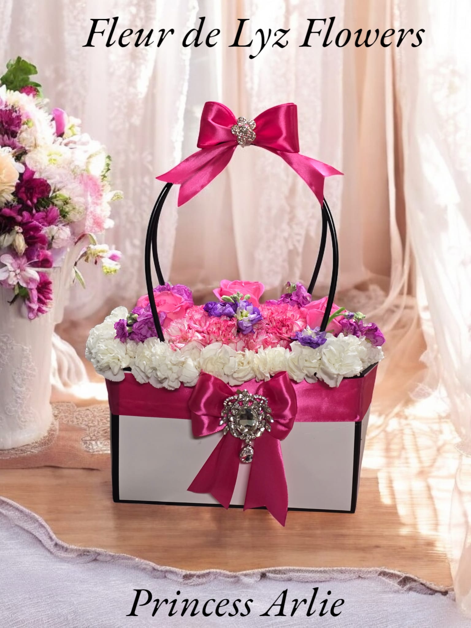 Princess Arlie - This Beautiful pink and white handbag includes pink roses, and pink and white carnations.  A beautiful broche us attached on the front and can be removed and later worn by ourspecial someone. 