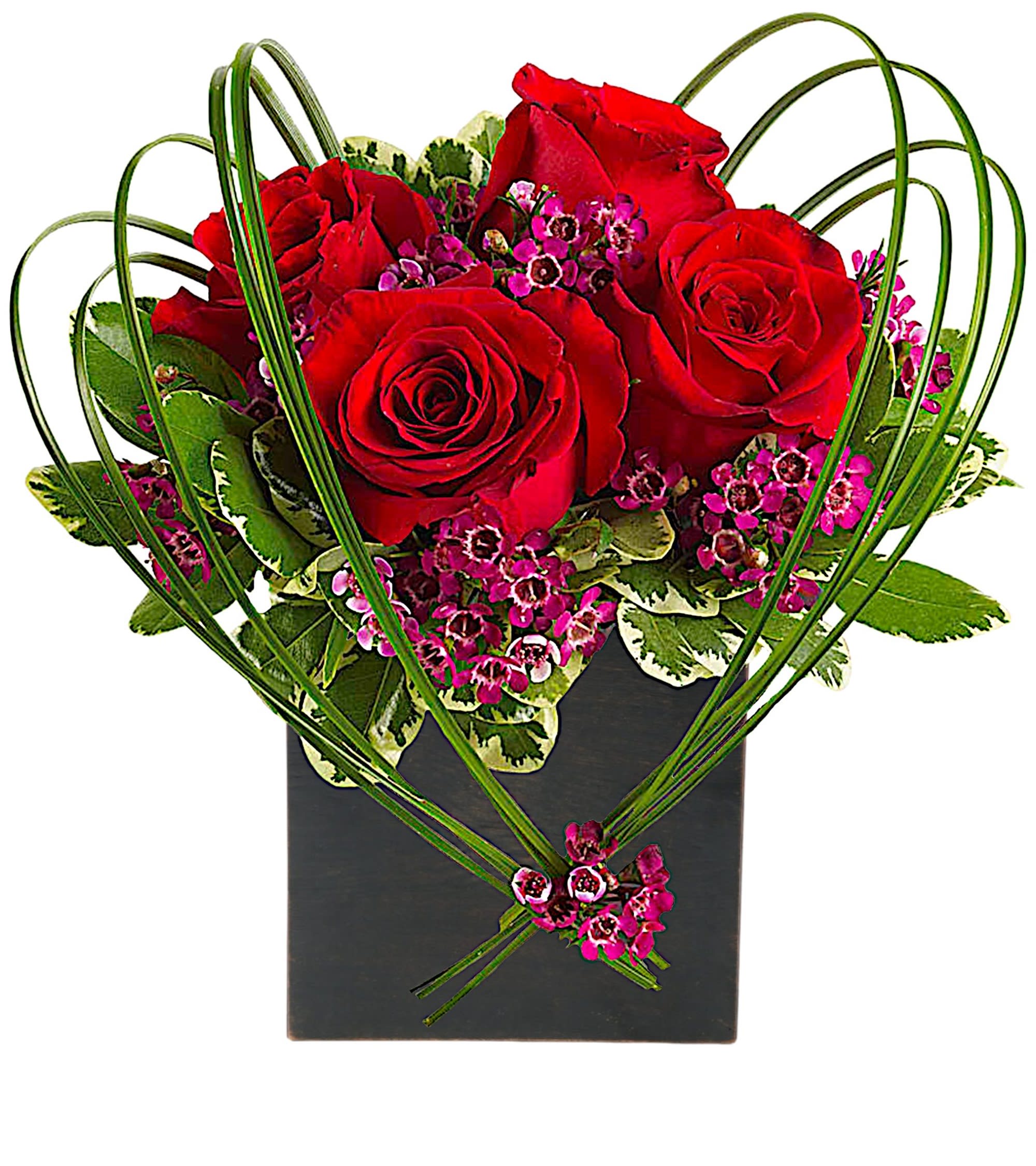 Sweet Thoughts Arrangement with Red Roses - A graceful heart of bear grass... tied with purple waxflower blossoms... forms a heart that appears to float above the velvety red roses in this delightful arrangement, arranged in a wooden cube. Send this beautiful floral arrangement to someone you love, and they'll think sweet thoughts about you!  DETAILS Red roses and purple waxflower accented with variegated pittosporum and bear grass arrive in a wooden cube.  WOODEN CUBE INCLUDED Orientation: All-Around Item #NF-306  FLORIST-TO-DOOR Same day flower delivery on most orders placed online by 12 pm or 10 am on weekends PST.  BLOOM DETAILS Roses Waxflower Filler Greenery  The Standard Arrangement is approximately 10&quot; H x 9 1/2&quot; W. The Deluxe Arrangement is approximately 11&quot; H x 9 1/2&quot; W. The Premium Arrangement is approximately 11&quot; H x 10&quot; W.  How to place an order? 1. You can place an order directly on this secure website OR 2. You can call in your order by dialing: (323) 262 - 9238 OR 3. You can visit our store (appointment recommended 323.262.9238)  NINFA'S FLOWERS 2405 WHITTIER BLVD. LOS ANGELES, CA. 90023  ATTENTION: *Please note that on busy holidays, Valentine's Day, and Mother's Day, we cannot verify if the recipient received the flowers until the following day. You can verify delivery on the website after 10:00 pm, call 323.262.9238 the following day after 10:00 am, or contact the recipient directly. Thank you for your patience and understanding.