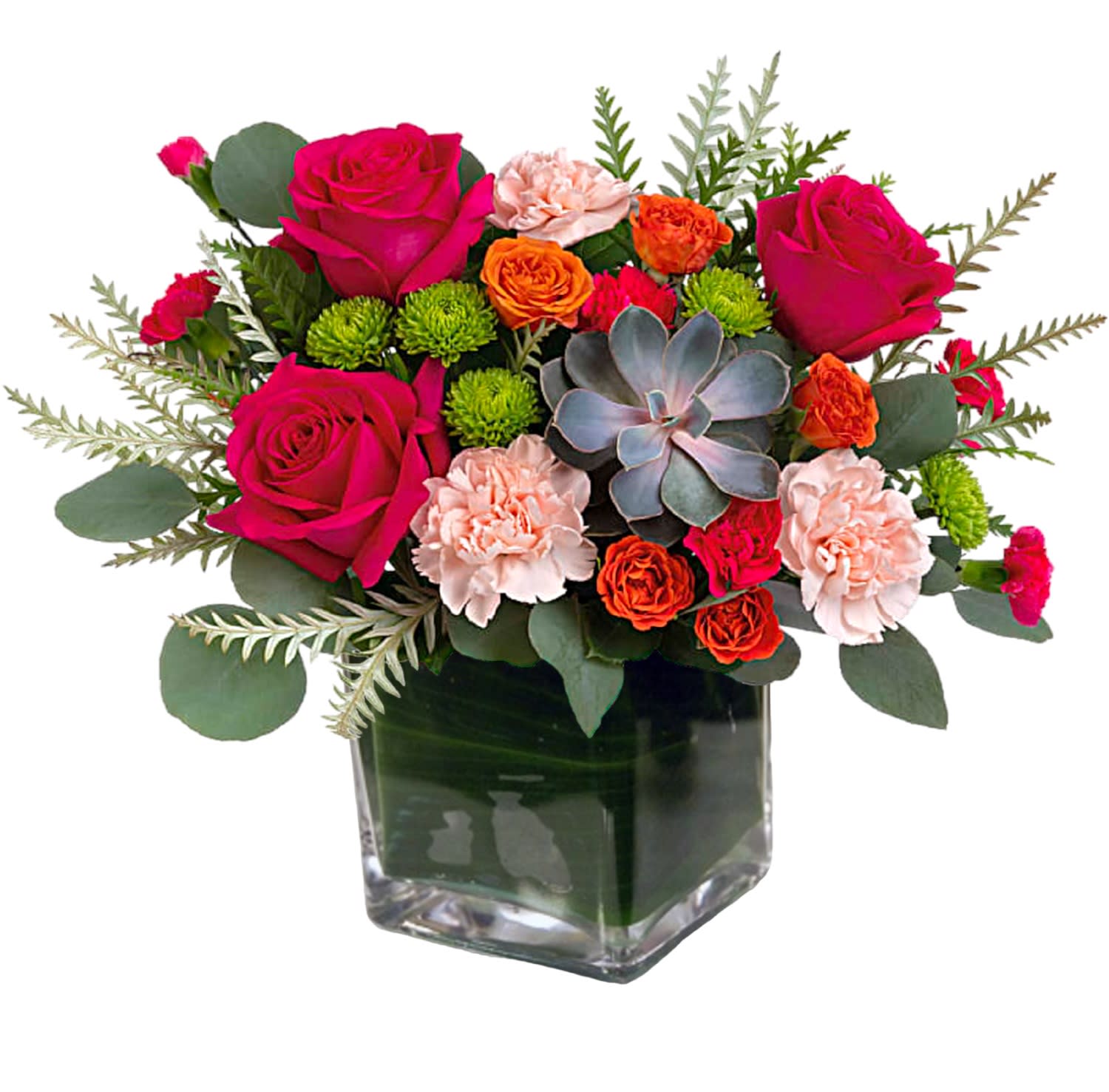 Sunkissed - Send sunny kisses across the miles with this hot pink surprise of bright blooms in a glass cube.  DETAILS This sunny arrangement features hot pink roses, orange spray roses, peach carnations, miniature hot pink carnations, green cushion spray chrysanthemums, silver dollar eucalyptus, grevillea, and a green echeveria succulent.  VASE INCLUDED Orientation: All-Around Item #NF-307  FLORIST-TO-DOOR Same day flower delivery on most orders placed online by 12 pm or 10 am on weekends PST.  BLOOM DETAILS Roses Spray Roses Carnations Mini-Carnations Echeveria Succulent Button-Mums Greenery  The Standard Arrangement is approx. 13 1/2&quot; H x 17 1/2&quot; W. The Deluxe Arrangement is approx. 14 1/4&quot; H x 17 3/4&quot; W. The Premium Arrangement is approx. 15&quot; H x 18&quot; W.  How to place an order? 1. You can place an order directly on this secure website OR 2. You can call in your order by dialing: (323) 262 - 9238 OR 3. You can visit our store (appointment recommended 323.262.9238)  NINFA'S FLOWERS 2405 WHITTIER BLVD. LOS ANGELES, CA. 90023  ATTENTION: *Please note that on busy holidays, Valentine's Day, and Mother's Day, we cannot verify if the recipient received the flowers until the following day. You can verify delivery on the website after 10:00 pm, call 323.262.9238 the following day after 10:00 am, or contact the recipient directly. Thank you for your patience and understanding.