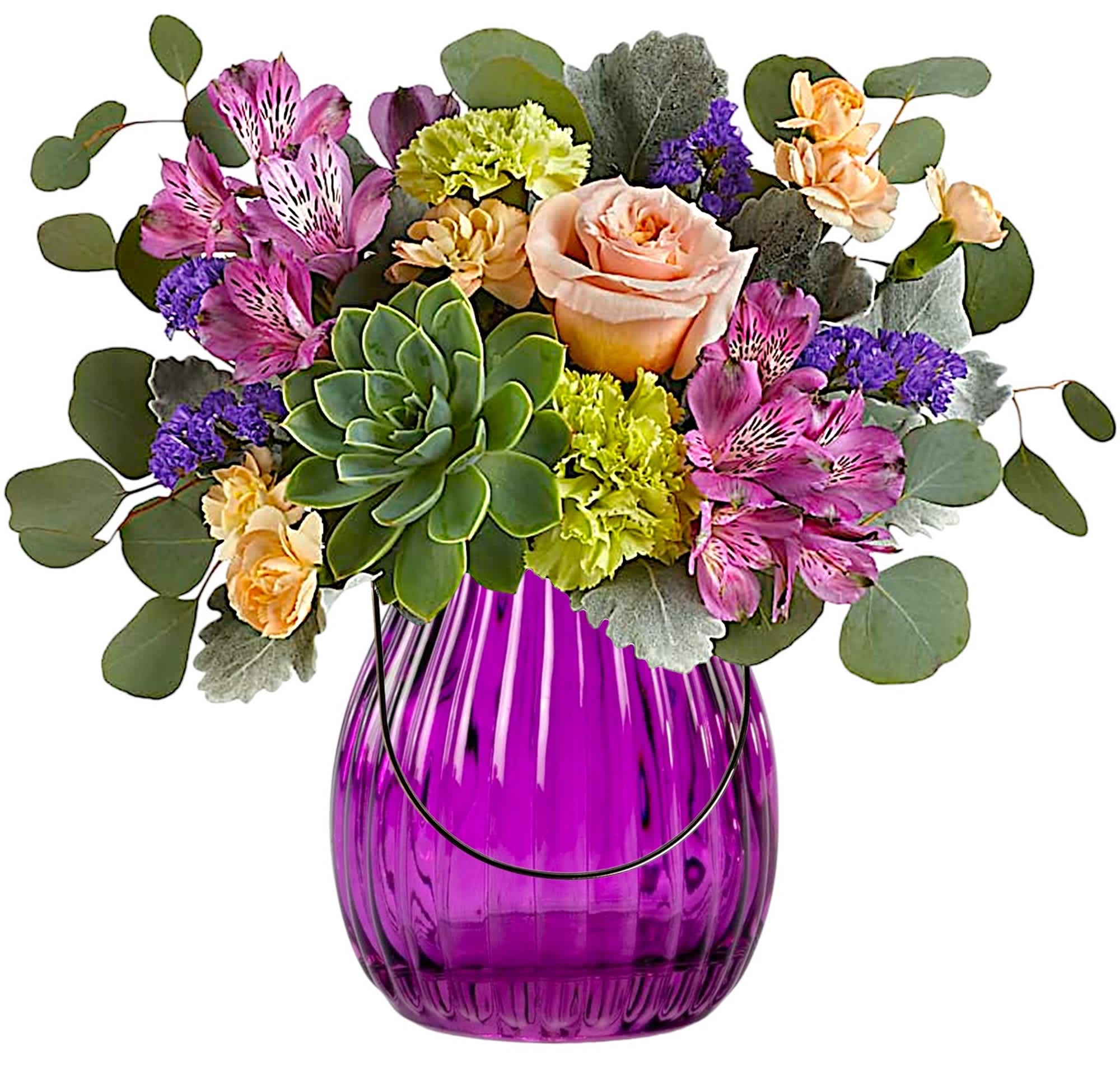 Storybook Rose Arrangement - Straight out of a storybook, this enchanting arrangement is right at home in this whimsical purple glass lantern with wire handle. Lovely as a candleholder in seasons to come!  DETAILS Peach roses, purple alstroemeria, green carnations, miniature peach carnations, purple statice, dusty miller, silver dollar eucalyptus and a green echeveria succulent.   VASE INCLUDED Orientation: All-Around Item #NF-308  FLORIST-TO-DOOR Same day flower delivery on most orders placed online by 12 pm or 10 am on weekends PST.  BLOOM DETAILS Roses Alstroemeria Carnations Mini-Carnations Succulent Statice Greenery  The Standard Arrangement is approx.11 1/2&quot; H x 14&quot; W. The Deluxe Arrangement is approx. 12 1/2&quot; H x 14 1/4&quot; W. The Premium Arrangement is approx. 12 3/4&quot; H x 14 1/4&quot; W.  How to place an order? 1. You can place an order directly on this secure website OR 2. You can call in your order by dialing: (323) 262 - 9238 OR 3. You can visit our store (appointment recommended 323.262.9238)  NINFA'S FLOWERS 2405 WHITTIER BLVD. LOS ANGELES, CA. 90023  ATTENTION: *Please note that on busy holidays, Valentine's Day, and Mother's Day, we cannot verify if the recipient received the flowers until the following day. You can verify delivery on the website after 10:00 pm, call 323.262.9238 the following day after 10:00 am, or contact the recipient directly. Thank you for your patience and understanding.