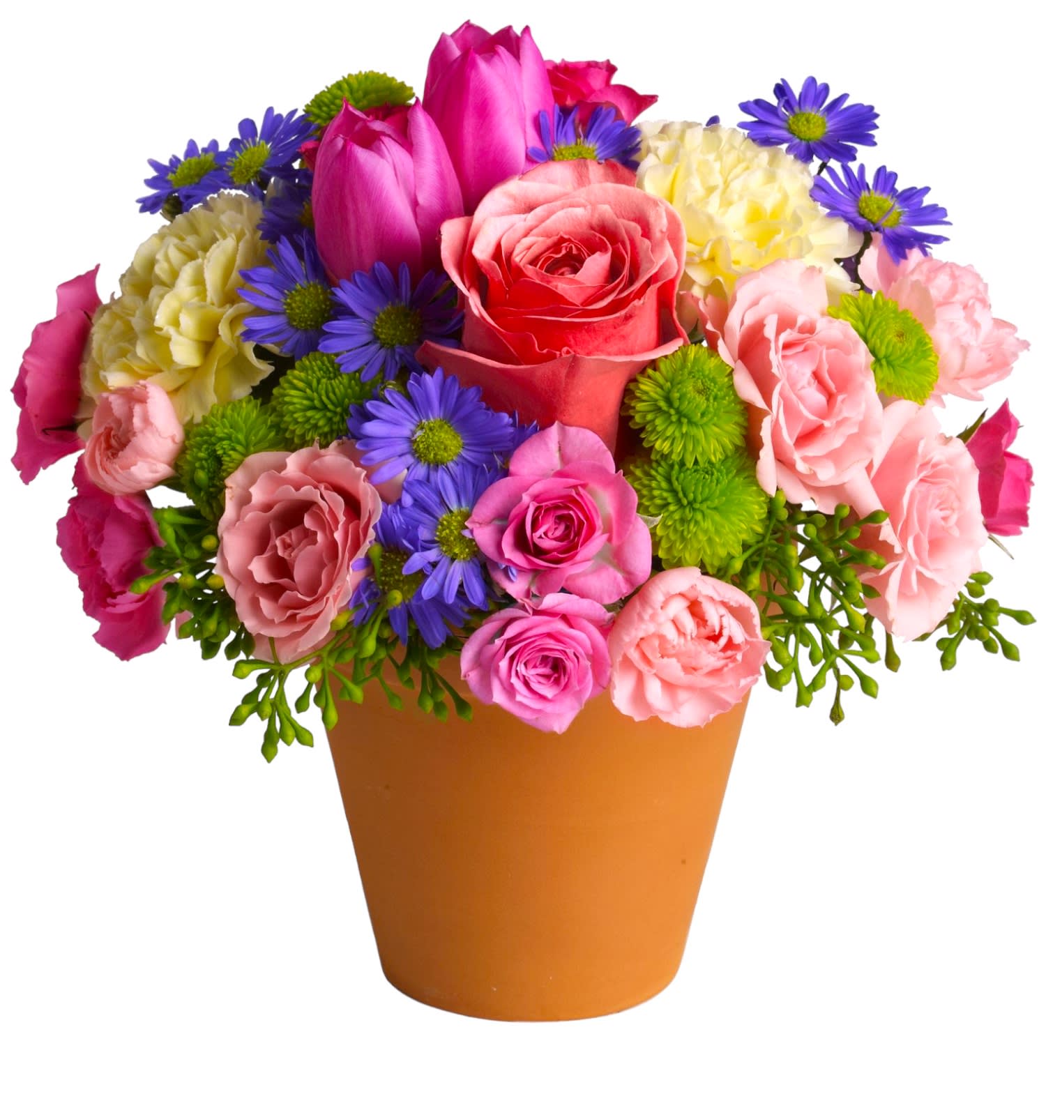 Spring Sonata Flower Arrangement - A warm terra-cotta pot and lots of fun colors give this arrangement an endearing country style.   DETAILS Pink tulips, pink spray roses, hot pink spray roses, regular size roses, green button-mums, yellow carnations, seasonal filler, greenery.   TERRA-COTTA POT INCLUDED Orientation: All-Around Item #NF-312  FLORIST-TO-DOOR Same day flower delivery on most orders placed online by 12 pm or 10 am on weekends PST.  BLOOM DETAILS Tulips Spray Roses Button Mums Roses Carnations Seasonal Filler Greenery  The Standard Arrangement is approx. 9 1/2&quot; H x 10&quot; W. The Deluxe Arrangement is approx. 10&quot; H x 11&quot;W. The Premium Arrangement is approx.10 3/4&quot; H x 11 1/2&quot; W.  How to place an order? 1. You can place an order directly on this secure website OR 2. You can call in your order by dialing: (323) 262 - 9238 OR 3. You can visit our store (appointment recommended 323.262.9238)  NINFA'S FLOWERS 2405 WHITTIER BLVD. LOS ANGELES, CA. 90023  ATTENTION: *Please note that on busy holidays, Valentine's Day, and Mother's Day, we cannot verify if the recipient received the flowers until the following day. You can verify delivery on the website after 10:00 pm, call 323.262.9238 the following day after 10:00 am, or contact the recipient directly. Thank you for your patience and understanding.