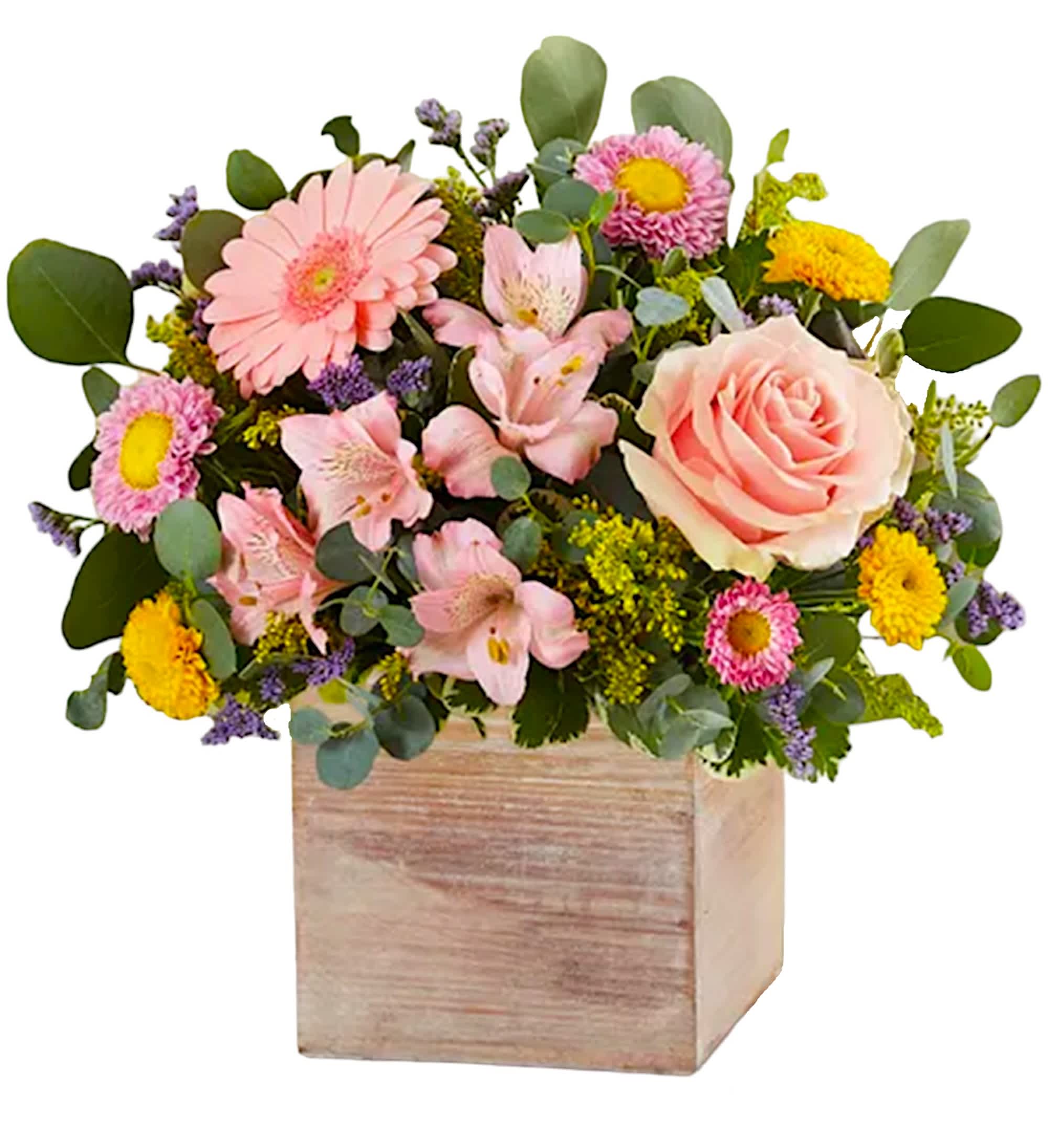 Spring Sentiment - Spring is a time to refresh and reach out. Our spring arrangement celebrates that sentiment. Soft pink and yellow blooms are loosely gathered with lush greenery for style and texture. Designed in our wooden cube, it’s a gift that delivers on your feelings in the most beautiful way.  DETAILS Pink roses, mini-Gerbera daisies, Matsumoto asters and Peruvian lilies (alstroemeria), yellow button poms, purple Limonium; accented with assorted greenery.  WOODEN BOX INCLUDED Orientation: All-Around Item #NF-313  FLORIST-TO-DOOR Same day flower delivery on most orders placed online by 12 pm or 10 am on weekends PST.  BLOOM DETAILS Mini Gerbera Daisies Matsumoto Asters Button Mums Roses Alstroemerias Solidago Limonium Greenery  The Standard Arrangement is approx. 9&quot;H x 9&quot;W The Deluxe Arrangement is approx. 10&quot;H x 10&quot;W The Premium Arrangement is approx. 11&quot;H x 11&quot;W  How to place an order? 1. You can place an order directly on this secure website OR 2. You can call in your order by dialing: (323) 262 - 9238 OR 3. You can visit our store (appointment recommended 323.262.9238)  NINFA'S FLOWERS 2405 WHITTIER BLVD. LOS ANGELES, CA. 90023  ATTENTION: *Please note that on busy holidays, Valentine's Day, and Mother's Day, we cannot verify if the recipient received the flowers until the following day. You can verify delivery on the website after 10:00 pm, call 323.262.9238 the following day after 10:00 am, or contact the recipient directly. Thank you for your patience and understanding.