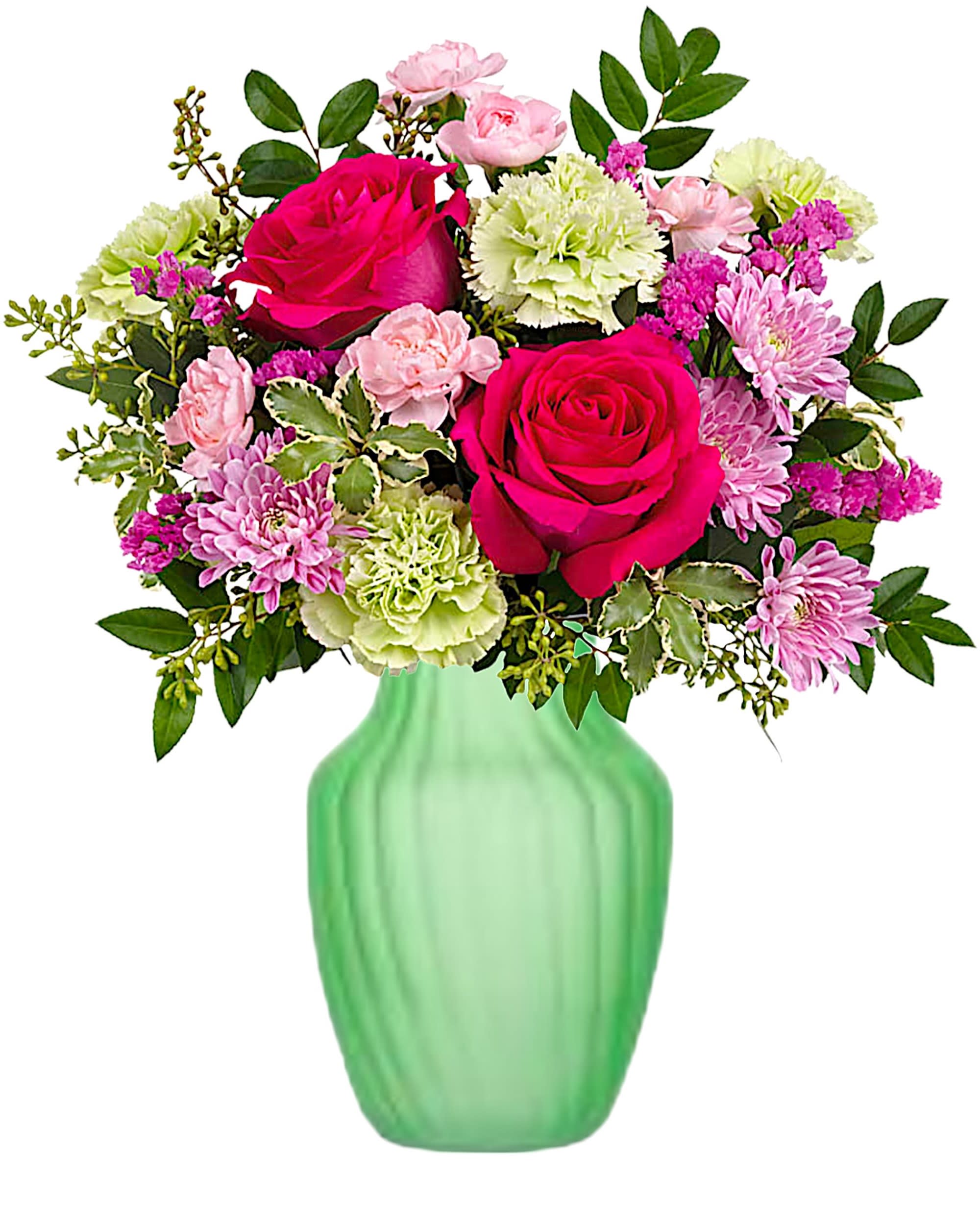 Spring In the Countryside - Springtime perfection! Celebrate the season with pretty pink and pale green blooms, artfully arranged in a mint green glass frosted vase.  DETAILS This charming arrangement features hot pink roses, green carnations, miniature pink carnations, raspberry statice, lavender cushion spray chrysanthemums, huckleberry, seeded eucalyptus and pitta Negra. Delivered in a glass vase.  VASE INCLUDED Orientation: All-Around Item #NF-316  FLORIST-TO-DOOR Same day flower delivery on most orders placed by 12 pm or 10 am on weekends PST.  BLOOM DETAILS Roses Carnations Mini-Carnations Cushion Mums Statice Greenery  The Standard Arrangement is approx. 14&quot; H x 13&quot; W. The Deluxe Arrangement is approx. 14&quot; H x 13 1/2&quot; W. The Premium Arrangement is approx. 14 1/2&quot; H x 14 1/4&quot; W.  How to place an order?  1. You can place an order directly on this secure website. 2. You can call in your order by dialing: (323) 262 - 9238 3. You can visit our store (appointment recommended 323.262.9238)  NINFA'S FLOWERS 2405 WHITTIER BLVD. LOS ANGELES, CA. 90023  ATTENTION: *Please note that on busy holidays, Valentine's Day, and Mother's Day, we cannot verify if the recipient received the flowers until the following day because our drivers don't turn in their signature delivery tablets until the following day. You can verify delivery on the website after 10:00 pm or you can call 323.262.9238 the following day after 10:00 am. Thank you for your patience and understanding.