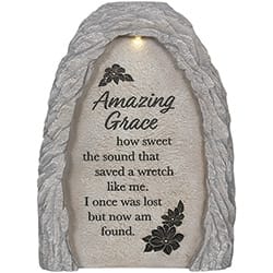 "Amazing Grace" Solar Garden Marker "Amazing Grace" Solar Garden Marker - en Marker Add to Favorites "Amazing Grace" Solar Garden Marker View Larger Our solar garden markers are made of hand-painted resin and feature a solar powered LED light that shines down over the printed sentiment. The light will remain on for 8 hours with a full charge throughout the day.