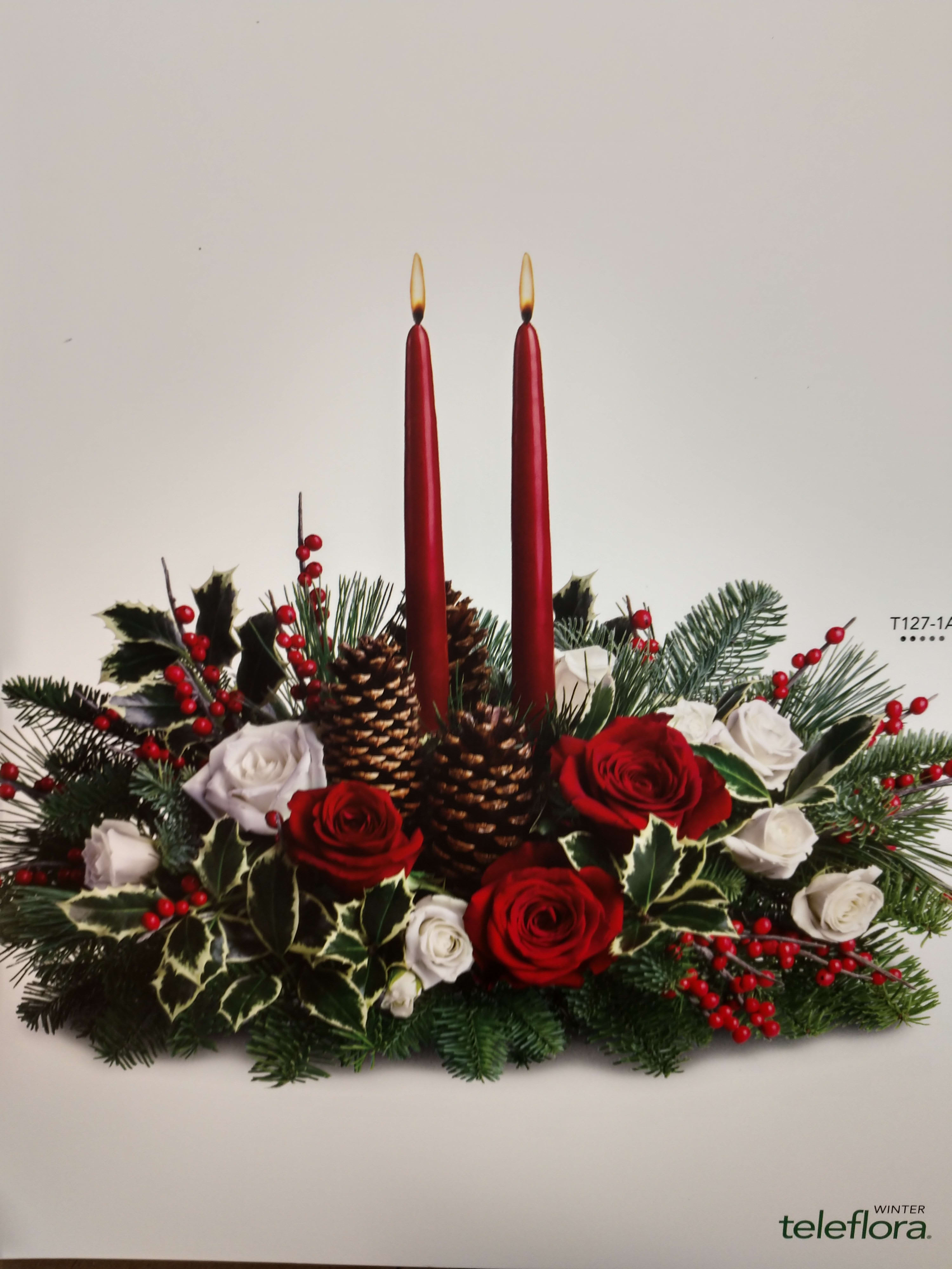Merry Christmas wish wishes centerpiece - Red roses,white roses and white spray roses  noble fern white pine holly pine cones red berries