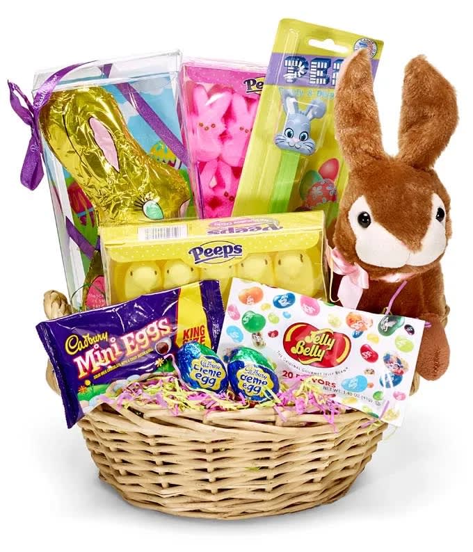 Florist of Omaha - Easter Candy Basket - Easter is right around the corner, so hop into the festivities with a basket of sweet treats. Delivered by one of our local florist, this Easter basket arrives with a classic assortment of Easter candy and a plush bunny.   * Candy and product assortment may vary.   Includes:  • Plush Bunny  • Candy Variety  • Keepsake Basket  • Card Message