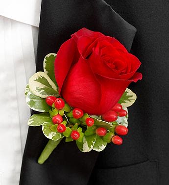 All Red Boutonniere - 95302 All Red Boutonniere - 95302 - A classic red rose, red hypericum and variegated pittosporum are hand-crafted by our select florists to accent their tuxedos with charm and elegance. Single stem red rose boutonniere arrangement, hand-crafted by our expert florists and accented with red hypericum and variegated pittosporum Includes boutonniere pins for attaching to the lapel