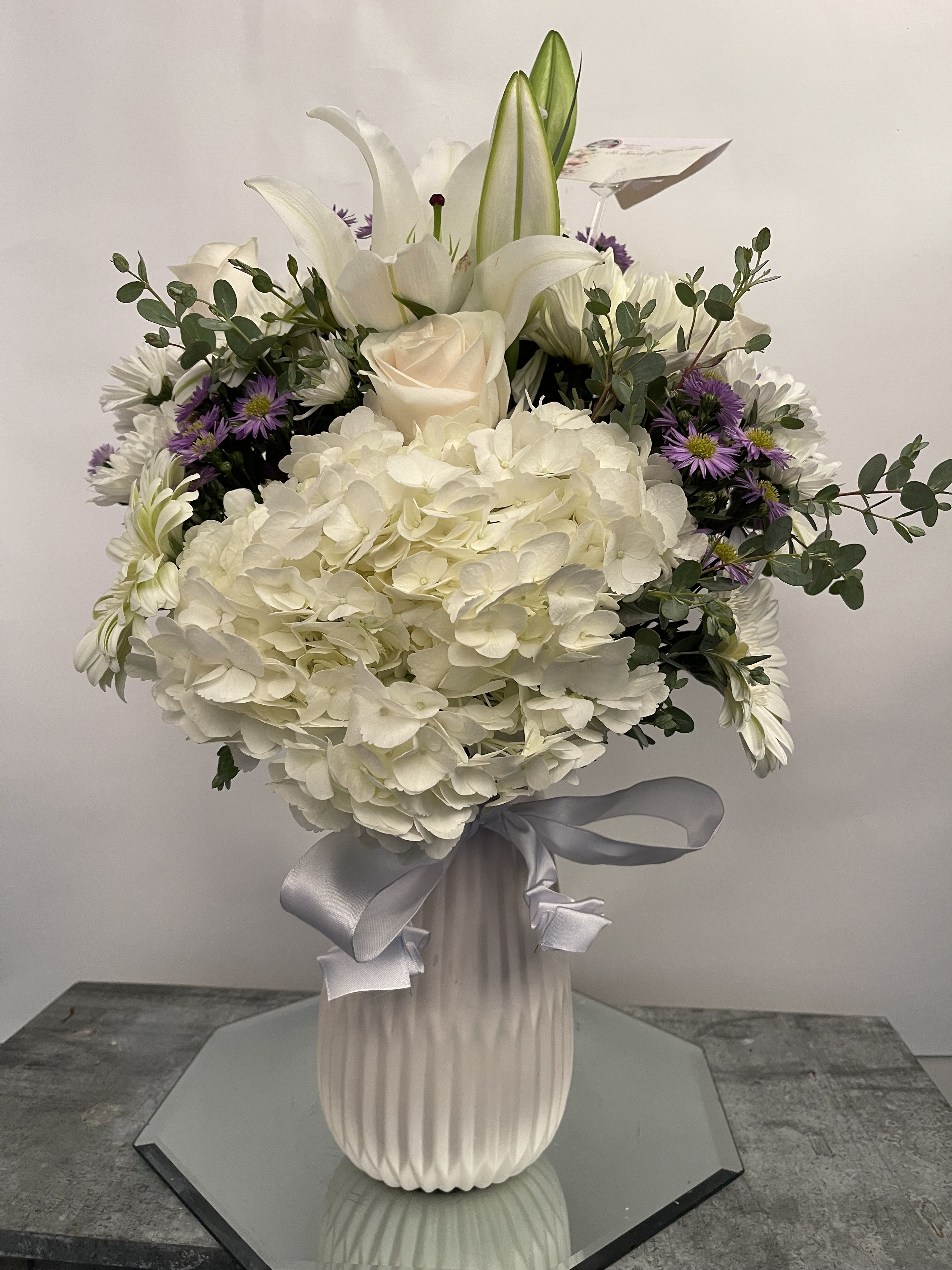 White modern vase with whites and lavenders  - Made in white ceramic vase 