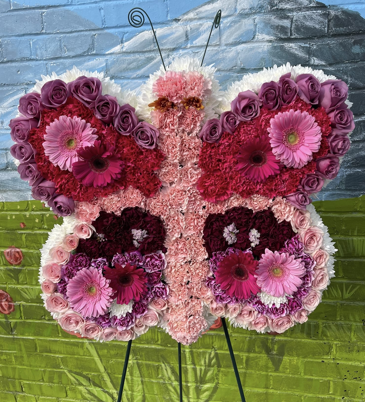 Butterfly #1 Butterfly #1 - This butterfly standing funeral arrangement features a variety of pink and lavender colored flowers. Including carnations, gerbera daisies, roses, wax, and an outline made of white pompon cushions. Call us to make custom changes.
