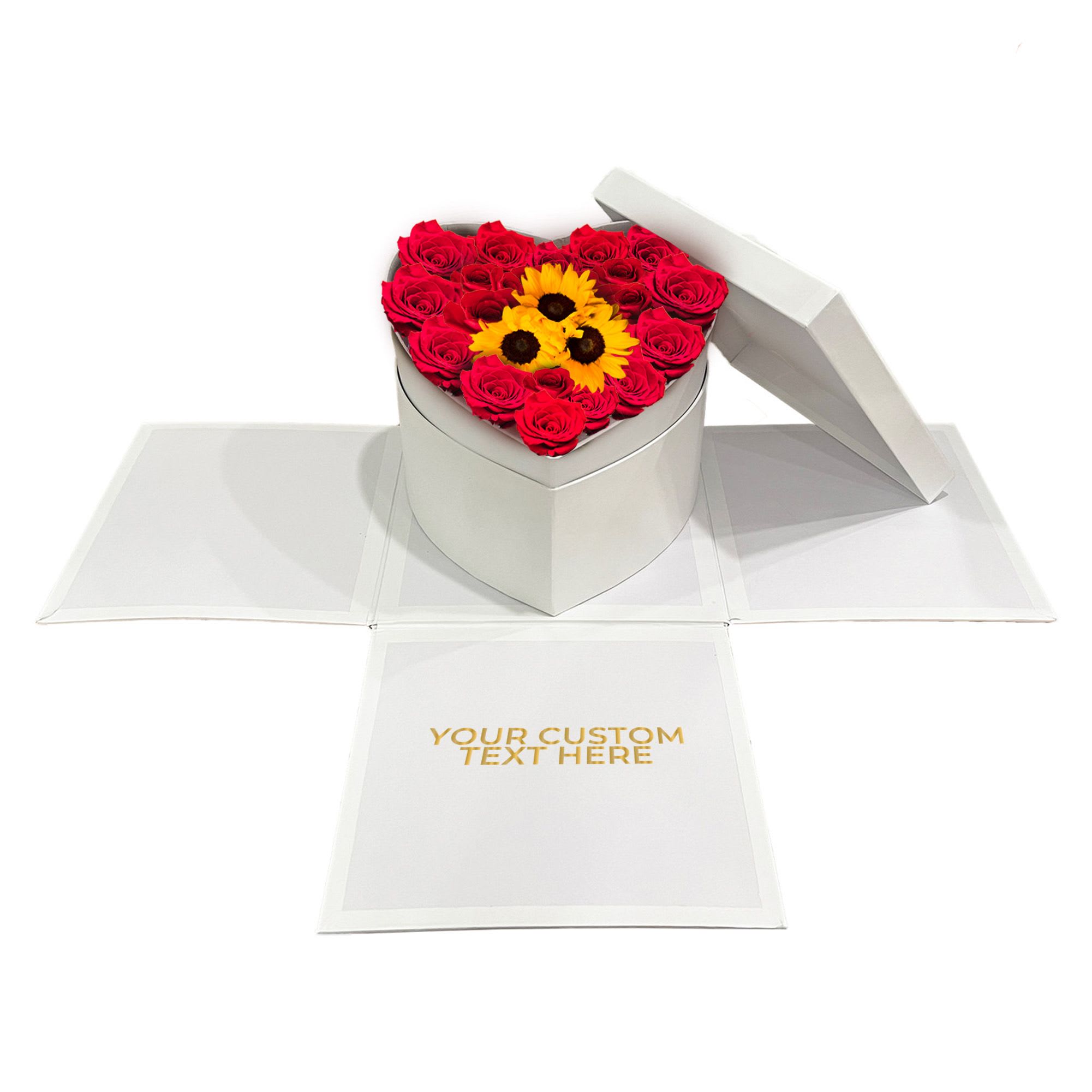 Heart-Shaped Rose and Sunflower Box - Brighten someone’s day with our Heart-Shaped Rose and Sunflower Box. This charming arrangement combines the classic beauty of red roses with the cheerful vibrancy of sunflowers, creating a unique and joyful gift. Presented in a heart-shaped box, this design is perfect for expressing love, happiness, and warmth, whether for a special occasion or just to show someone you care.  The box can be personalized with custom text, making this an extra special and thoughtful gift for anniversaries, birthdays, or any heartfelt celebration.  Features: - Fresh, natural red roses and vibrant sunflowers arranged in a heart-shaped box. - The box can be personalized with a custom message to make it truly unique. - Available in customizable rose colors upon customer request (subject to availability). - Ideal for romantic occasions, birthdays, or as a cheerful surprise.