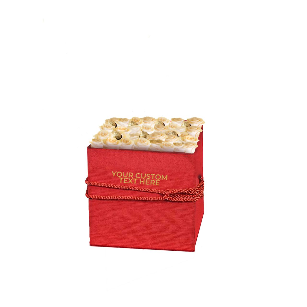 Custom Red Square Gift Box - Add a bold touch of elegance to your gifting with our Custom Red Square Gift Box. This vibrant red square box is filled with beautiful white roses and accented with Ferrero Rocher chocolates for a luxurious surprise. The box can be personalized with custom text, making it the perfect choice for romantic occasions, birthdays, or any special celebration.  Whether you're giving this box as a token of love or a thoughtful gift for a special occasion, the personalized touch will make it stand out.  Features: - Fresh white roses arranged in a red square box. - Accented with Ferrero Rocher chocolates for added indulgence. - The red square box can be personalized with custom text. - Perfect for romantic occasions, birthdays, anniversaries, or special celebrations.