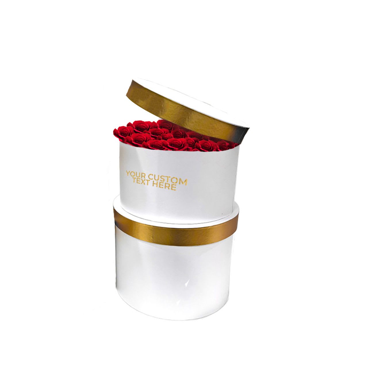 Custom White Round Gift Box Custom White Round Gift Box - Elegance meets personalization with our Custom White Round Gift Box. This sleek and luxurious white round box is perfect for showcasing a beautiful arrangement of fresh roses, making it an ideal choice for any special occasion. With golden accents and the ability to personalize the box with your own custom message, this gift box adds a sophisticated touch to any gift. Perfect for romantic occasions, birthdays, anniversaries, or any celebration, this elegant white box is sure to impress and leave a lasting impression. Features: - Fresh, natural roses arranged in a white round box. - White round box with golden accents and customizable text. - Perfect for holding flowers, chocolates, or personalized gifts. - Ideal for weddings, anniversaries, birthdays, or elegant gift-giving. Disclaimer: Only one box is included.