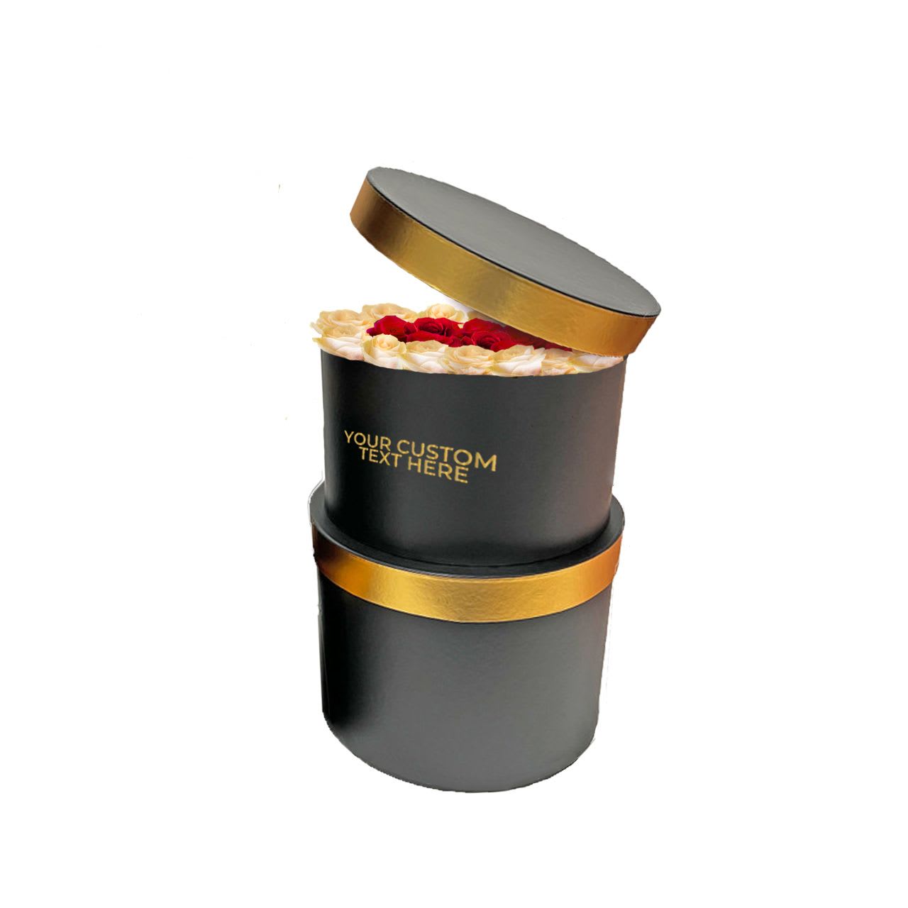 Custom Black Round Gift Box Custom Black Round Gift Box - Add a touch of elegance to your gifts with our Custom Black Round Gift Box. This sleek black round box, accented with luxurious gold trim, is perfect for showcasing an arrangement of fresh roses or other special items. With the option to personalize the box with a custom message, this gift box is an ideal choice for romantic occasions, birthdays, or any celebration that calls for a thoughtful, personalized touch. Whether it's for anniversaries, weddings, or other special events, this black and gold gift box makes any present stand out with sophistication. Features: - Fresh, natural roses arranged in a black round box. - Black round box with golden accents and customizable text. - Perfect for holding flowers, chocolates, or personalized gifts. - Ideal for weddings, anniversaries, birthdays, or elegant gift-giving. Disclaimer: Only one box is included.